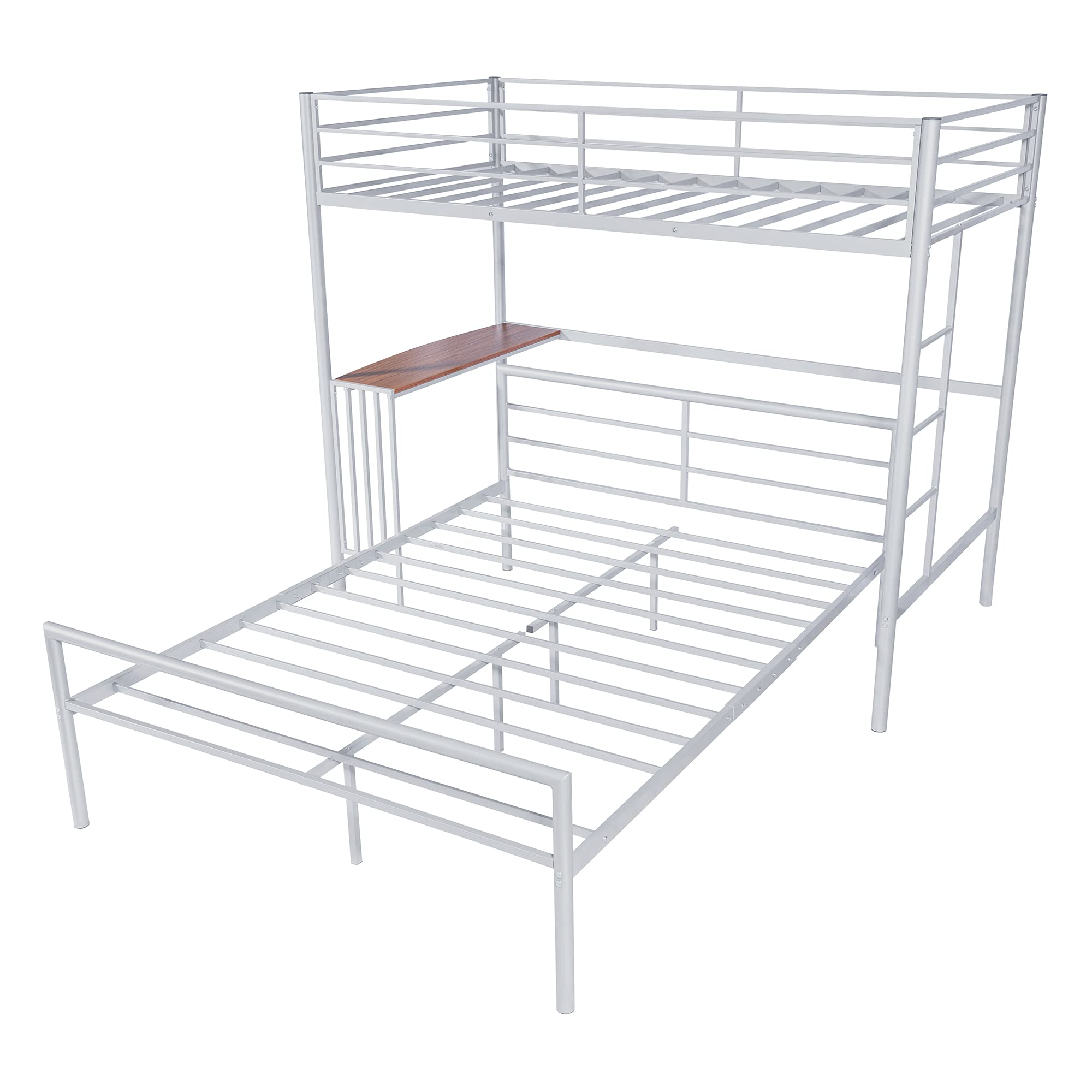 TYMMC Twin Over Full Metal Loft Bunk Bed with Built-in Desk, Ladder & Reinforced Slats - Space-Saving Kids Bedroom Furniture (Silver) | Perfect for Small Rooms, Dormitories & Shared Kids' Spaces
