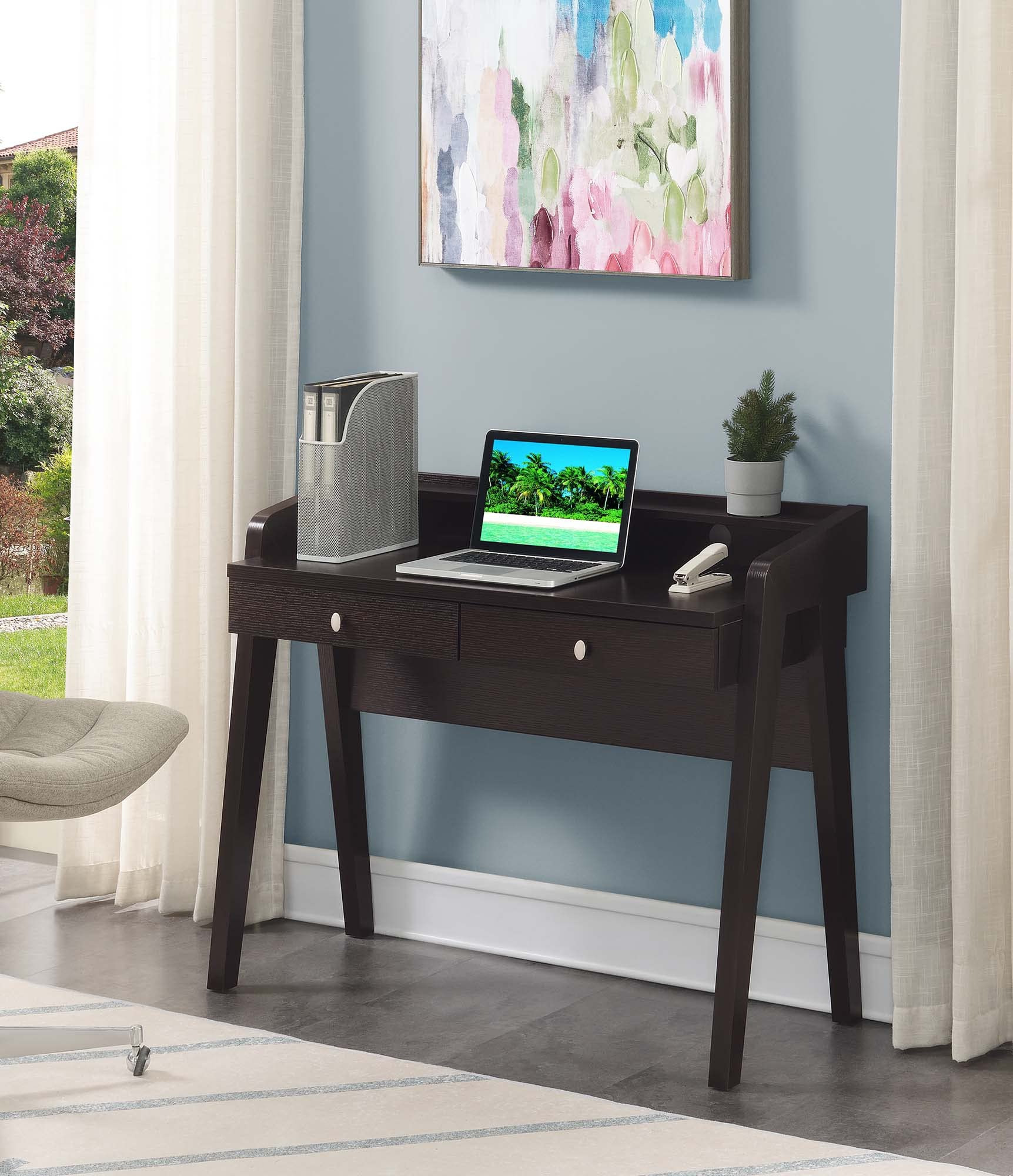 Convenience Concepts Newport Deluxe 2-Drawer Writing Desk with Storage Shelf, Espresso Finish - Perfect for Home Office, Study Room & Small Spaces