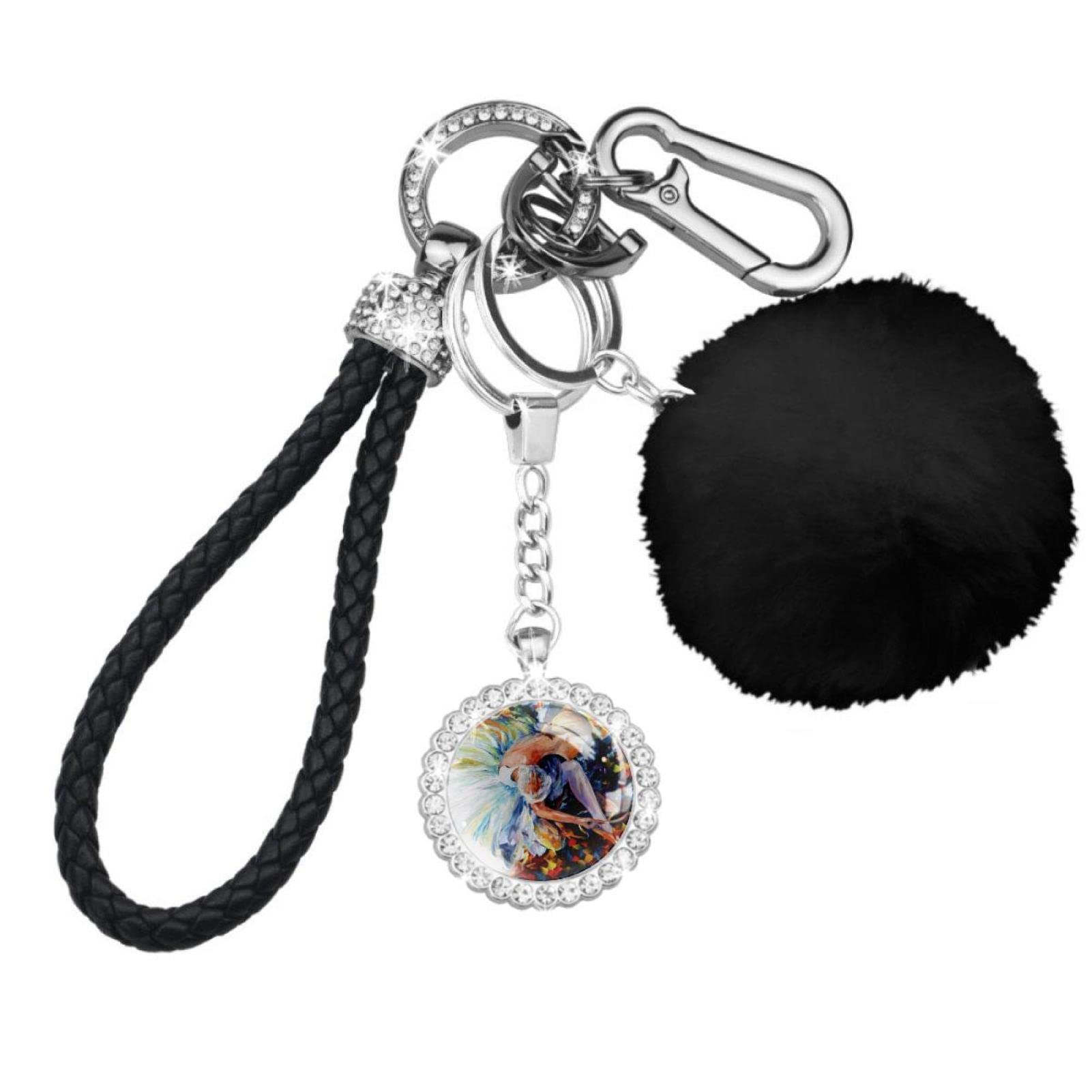 Pom Pom Keychain - Oil Painting Art Ballet Dancer Design with Soft Artificial Fur Ball | Fluffy Car Keychain & Bag Charm Accessory | Perfect Gift for Women | Great for Keychains, Handbags, Backpacks & Gift Giving