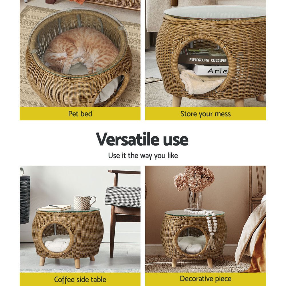 Stylish Wicker & Aluminum Coffee Side Table with Pet Bed Storage - Perfect for Living Room, Patio, and Outdoor Spaces