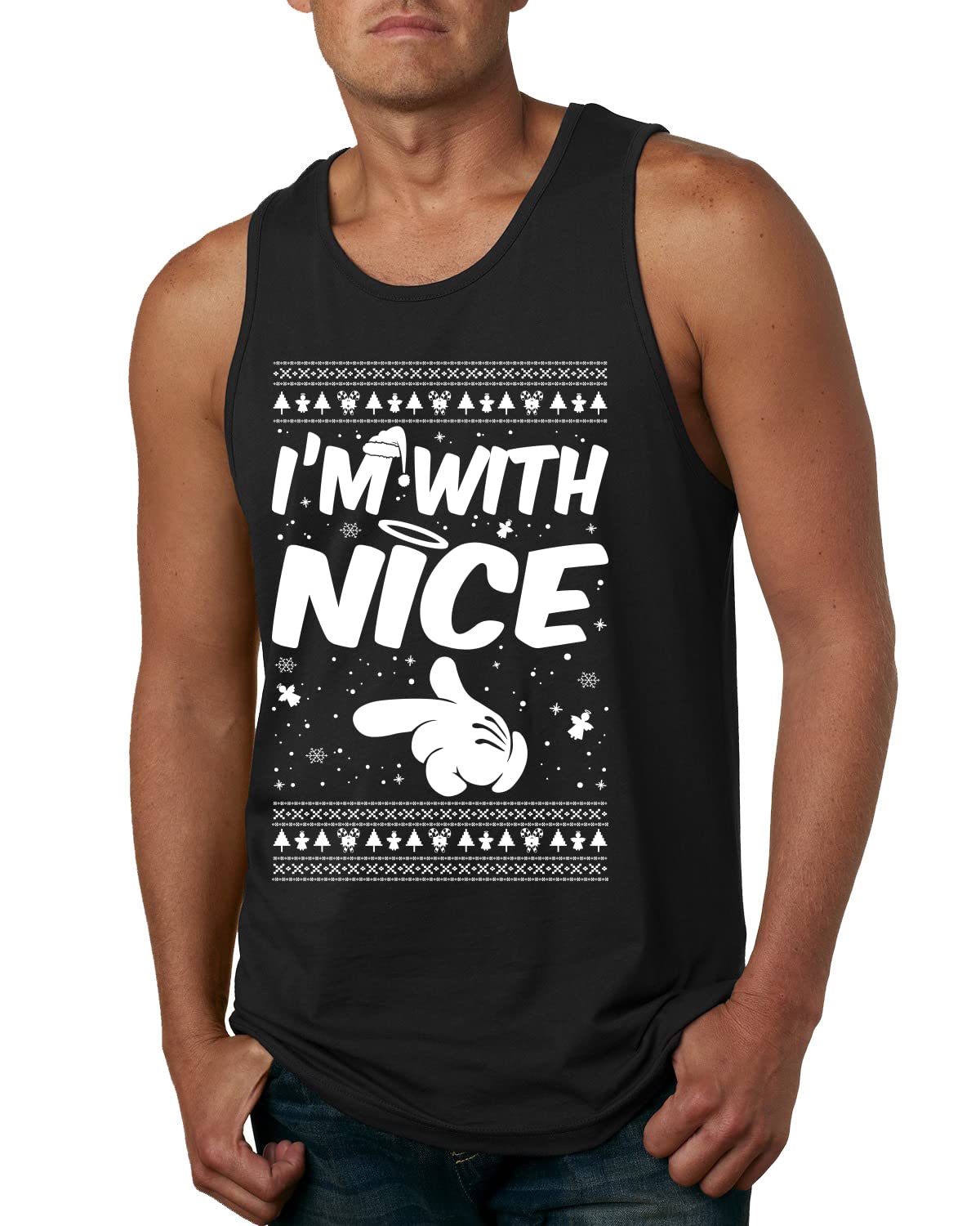 Wild Bobby 'I'm with Nice' Ugly Christmas Sweater Graphic Tank Top for Men - Perfect for Holiday Parties & Festive Gatherings
