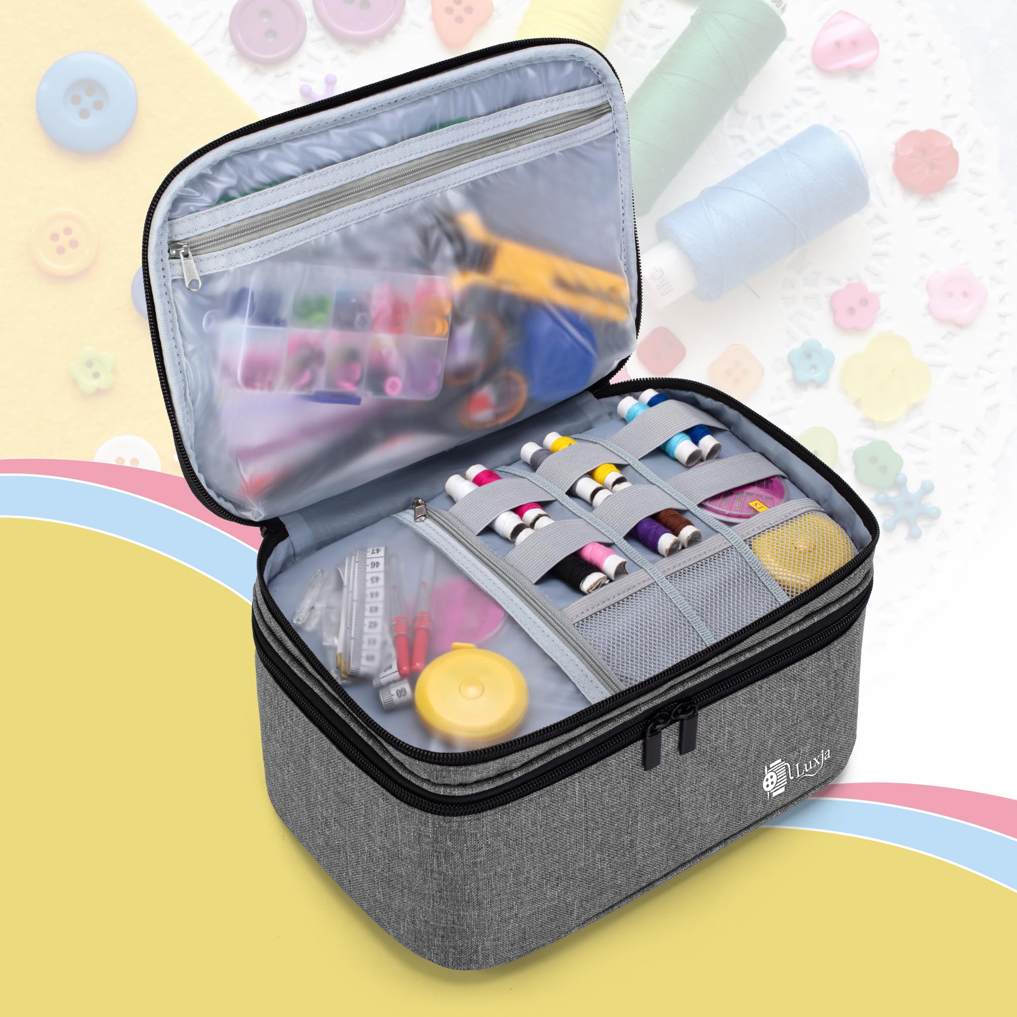 Luxja Double-Layer Sewing Accessories Organizer - Large Gray Storage Case for Needles, Thread, Scissors, Measuring Tape & Sewing Tools | Perfect for Home Sewing, Quilting, Craft Projects & Travel