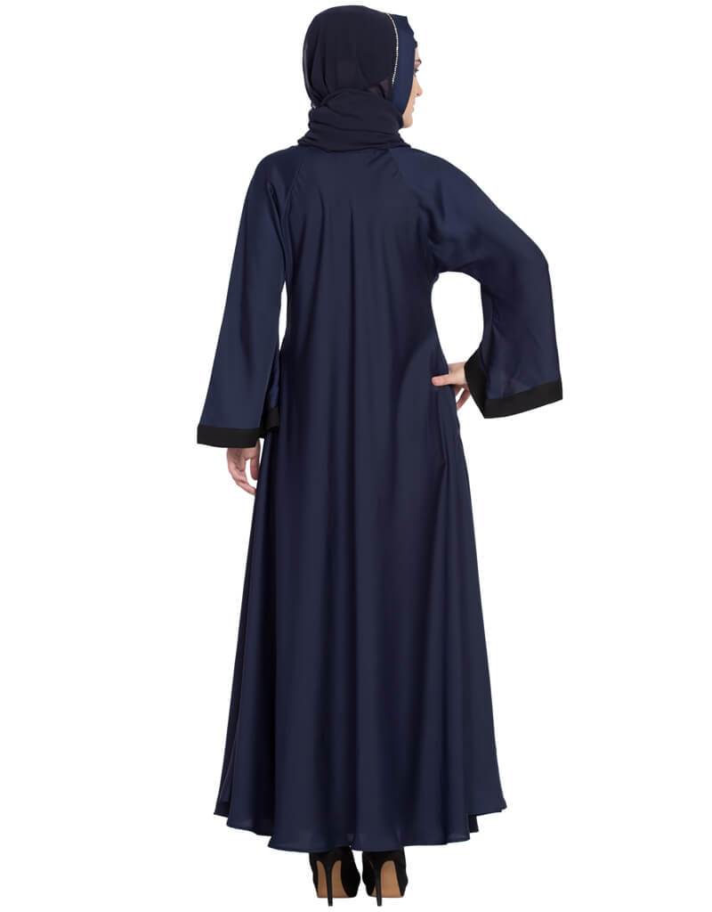Hand Embroidered Arabic Umbrella Nida Abaya - Navy Blue Abaya Dress for Women | Perfect for Eid, Ramadan, Wedding & Special Occasions