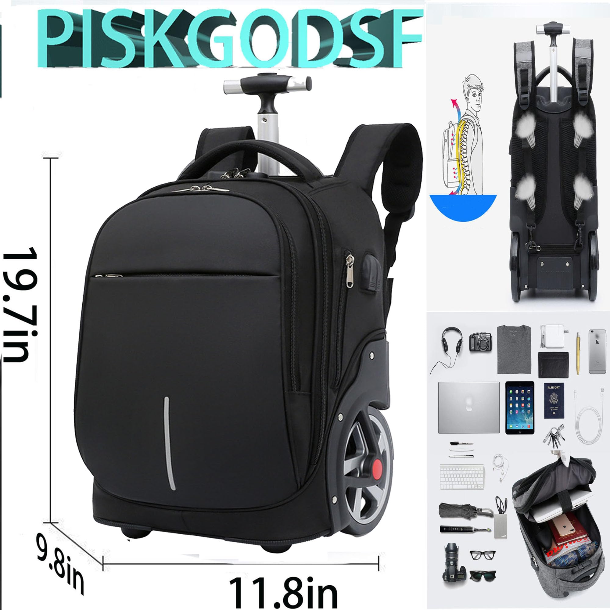 20 Inch Rolling Backpack for Adults with Wheels - Waterproof Laptop Compartment Fits 15.6 Inch, Anti-Theft Password Lock - Perfect for Travel, Business, School & Commuting (Black)