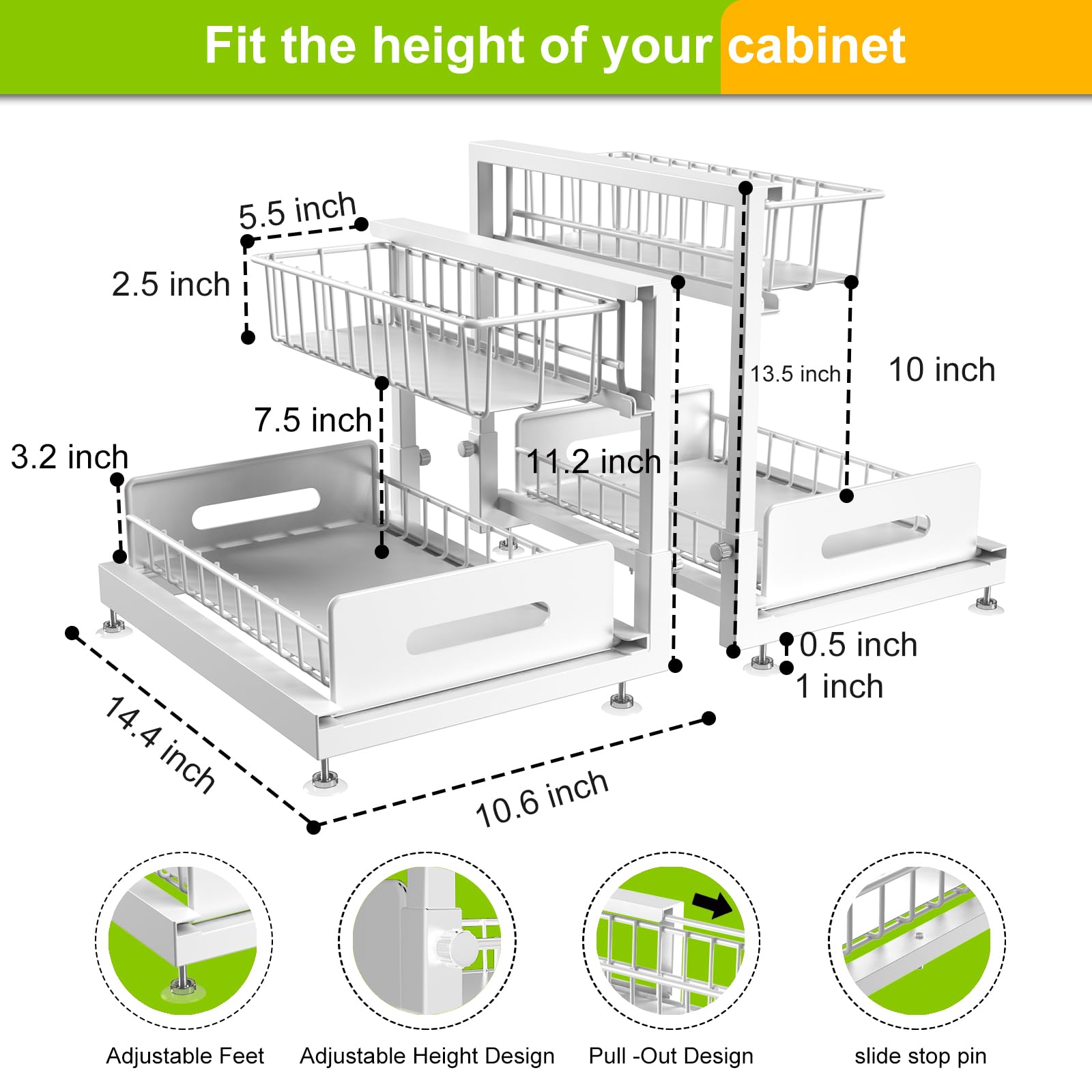 2 Pack Under Sink Organizer - Adjustable 2 Tier Pull Out Cabinet Shelf, Metal Slide Out Storage for Kitchen & Bathroom Organization (White) | Perfect for Maximizing Space Under Sink, Counter or Vanity