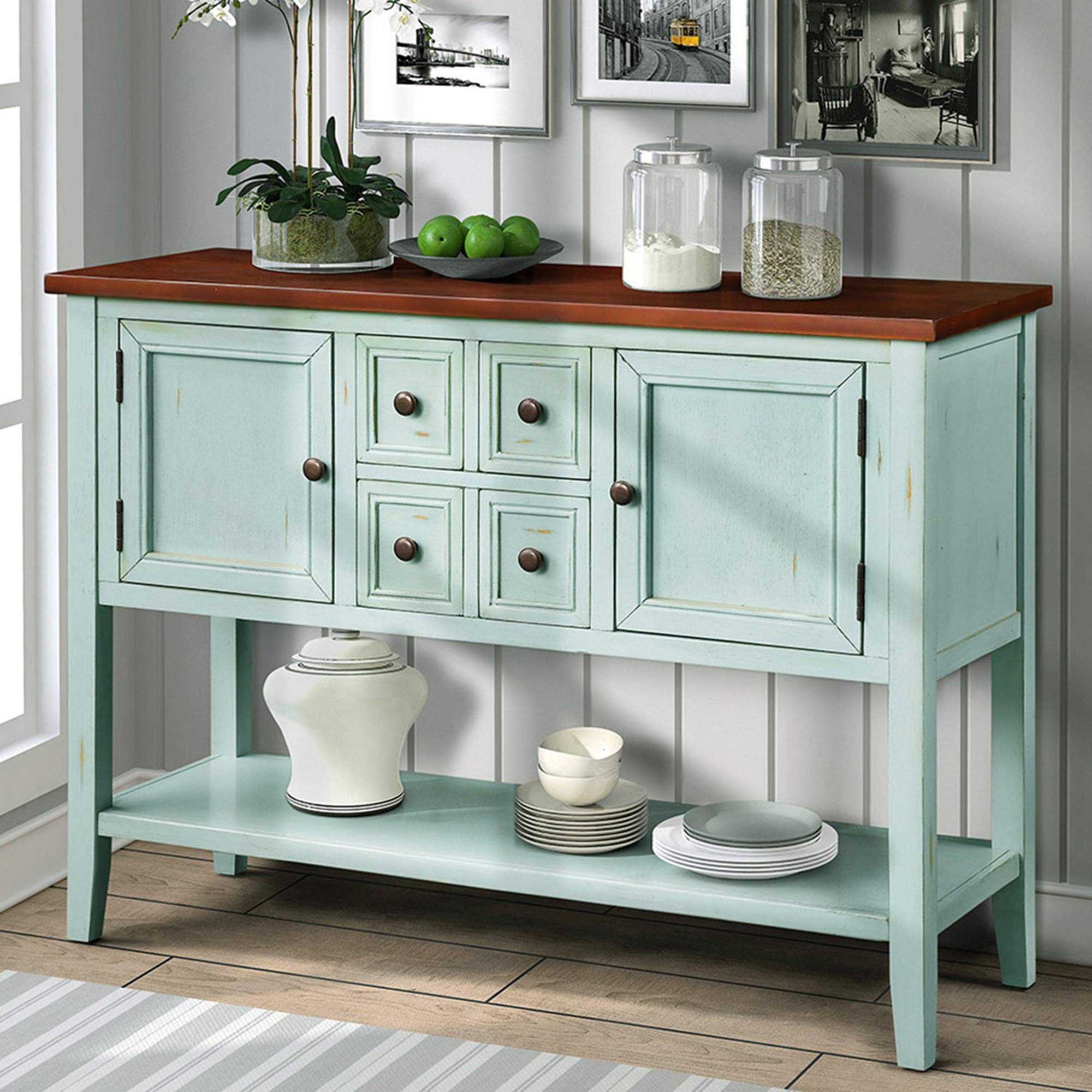 P PURLOVE Antique Blue Console Table with Storage Drawers - Entryway Sofa Table, Buffet Sideboard for Living Room, Hallway & Bedroom Organization