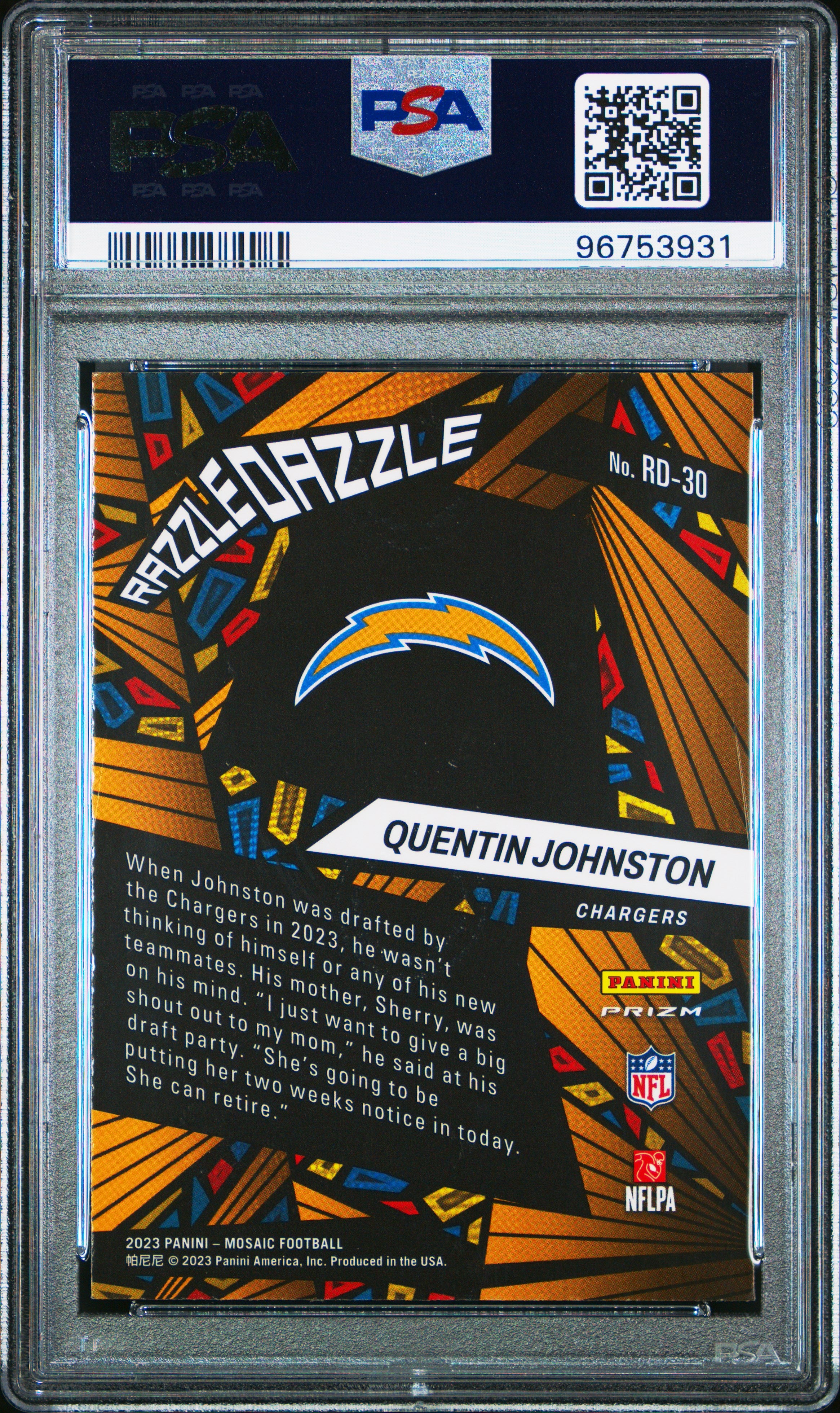 2023 Panini Mosaic Razzle Dazzle Quentin Johnston #RD30 PSA 10 Graded Football Card - Perfect for Collectors, Investors & Sports Memorabilia Enthusiasts
