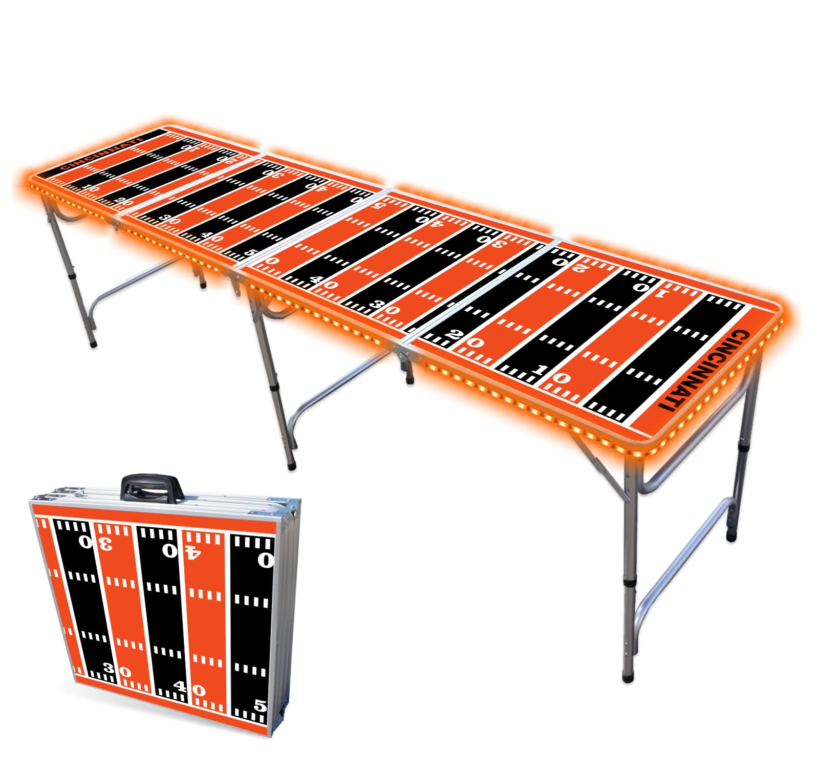 8-Foot Folding Portable Beer Pong Table with LED Lights & Cup Holders - Cincinnati Football Field Design - Perfect for Parties, Tailgating & Backyard Games (Multiple Models Available)