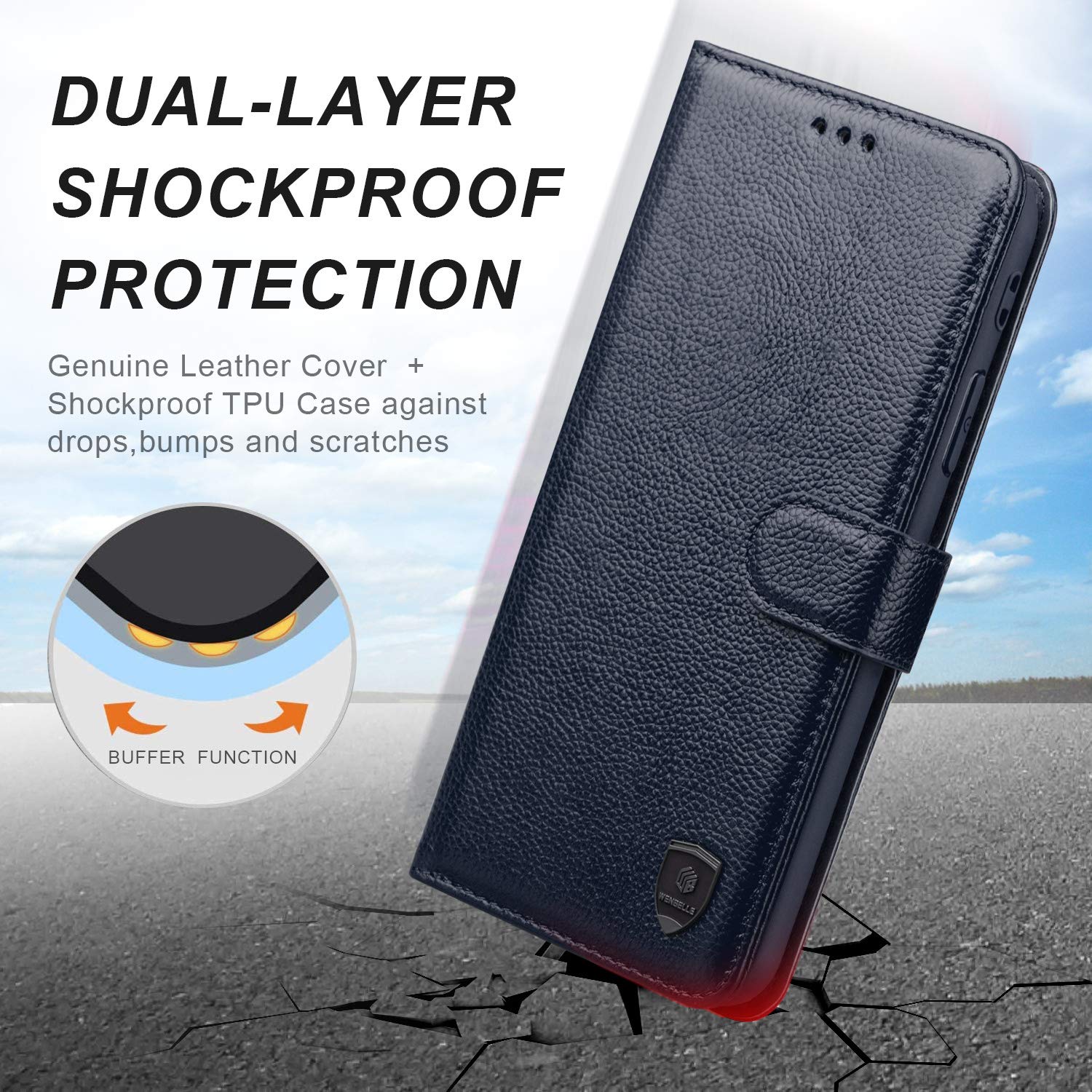 Premium Genuine Leather Wallet Case for iPhone 12 Pro Max 5G (6.7 Inch) - RFID Blocking Protection, Shockproof TPU Cover with Viewing Stand (Blue) | Perfect for Business Travel, Daily Commute & Hands-Free Video Watching