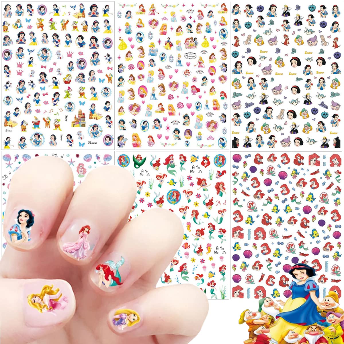 6 Sheets Cute Cartoon 3D Self-Adhesive Nail Art Stickers - Mermaid & Princess Nail Decals for Women & Girls - DIY Nail Art Supplies for Parties, Weddings, and Daily Nail Decoration