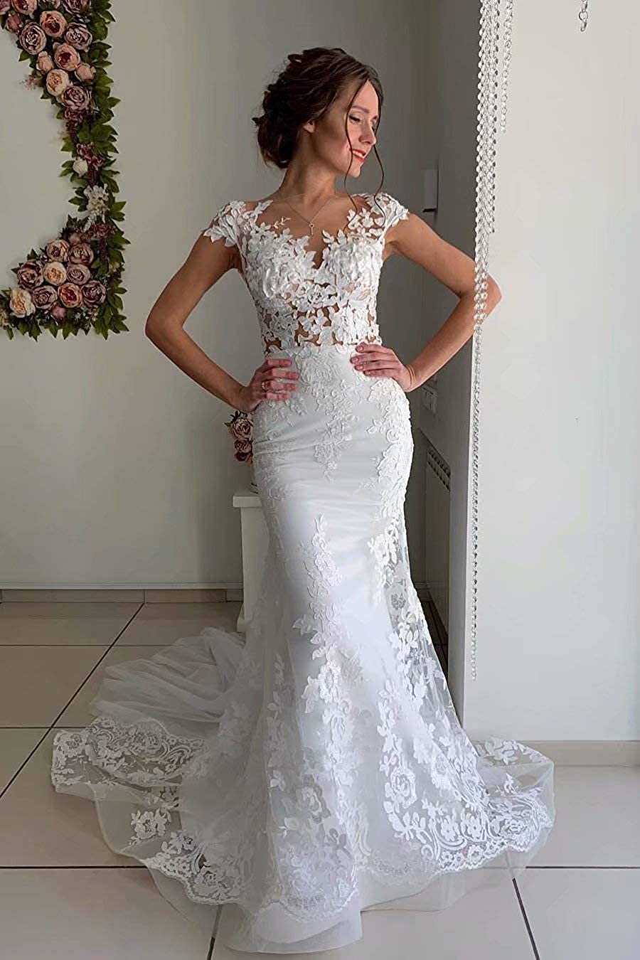 Elegant Mermaid Wedding Dresses for Women - Lace Applique Detachable Long Train Bridal Gown for Bride | Perfect for Beach Weddings, Church Ceremonies & Romantic Photoshoots