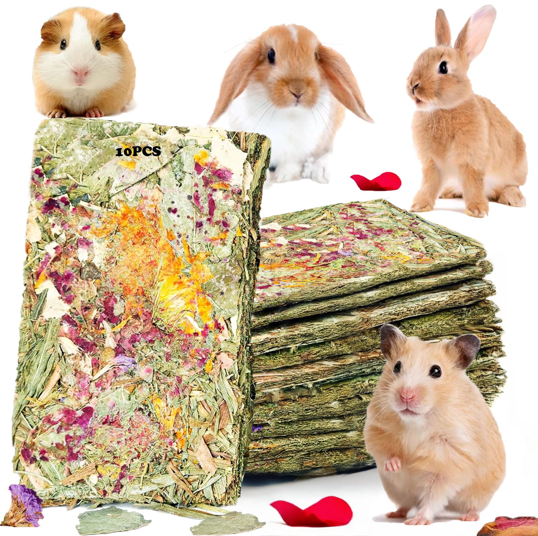 10 Pack Natural Timothy Hay Bunny Chew Toys with Herbal Flowers - Small Animal Teeth Care Treats for Rabbits, Guinea Pigs, Hamsters & Chinchillas - Perfect for Cage Enrichment and Dental Health