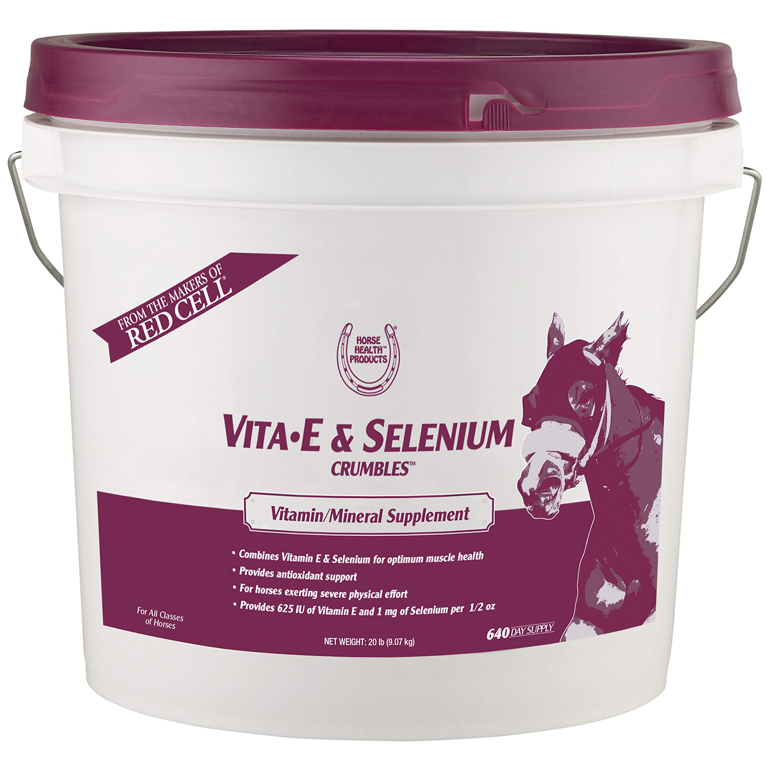 Farnam Horse Health Vita E & Selenium Crumbles - Vitamin Supplement for Horses, 20 lbs (640 Day Supply) - Supports Muscle Health & Antioxidant Protection - Ideal for Performance Horses, Breeding Mares & Senior Equine Care