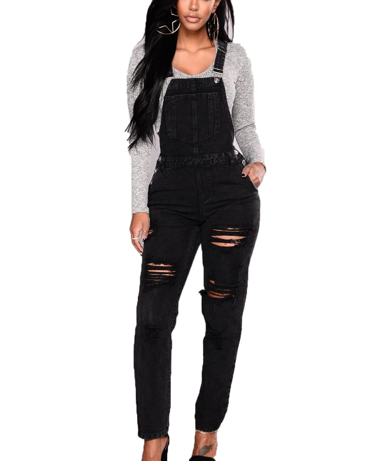 VIVICOLOR Women's Black Ripped Skinny Denim Overalls - Sexy Sleeveless Bib Dungaree Jeans for Casual Outings, Music Festivals & Street Style Fashion