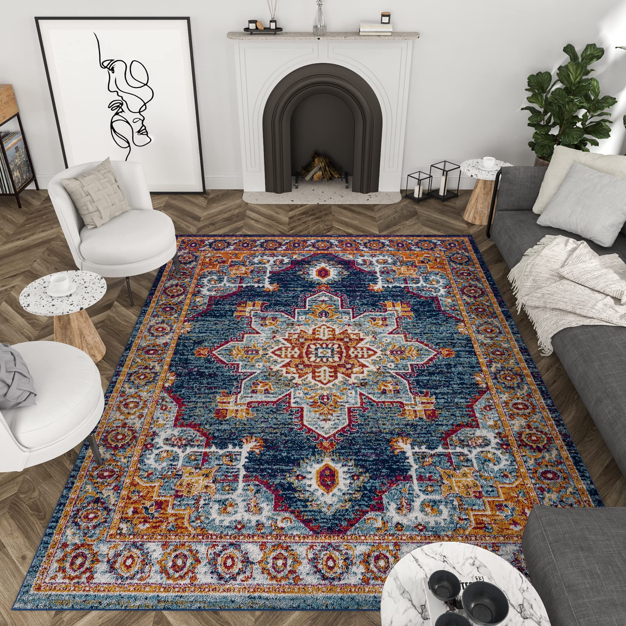 Premium Mila Blue 8x10 Area Rug - Soft Traditional Medallion Design for Living Room, Dining Room, Bedroom & Entryway - Large Indoor Carpet for Home Decor - Perfect for Cozy Spaces & High Traffic Areas