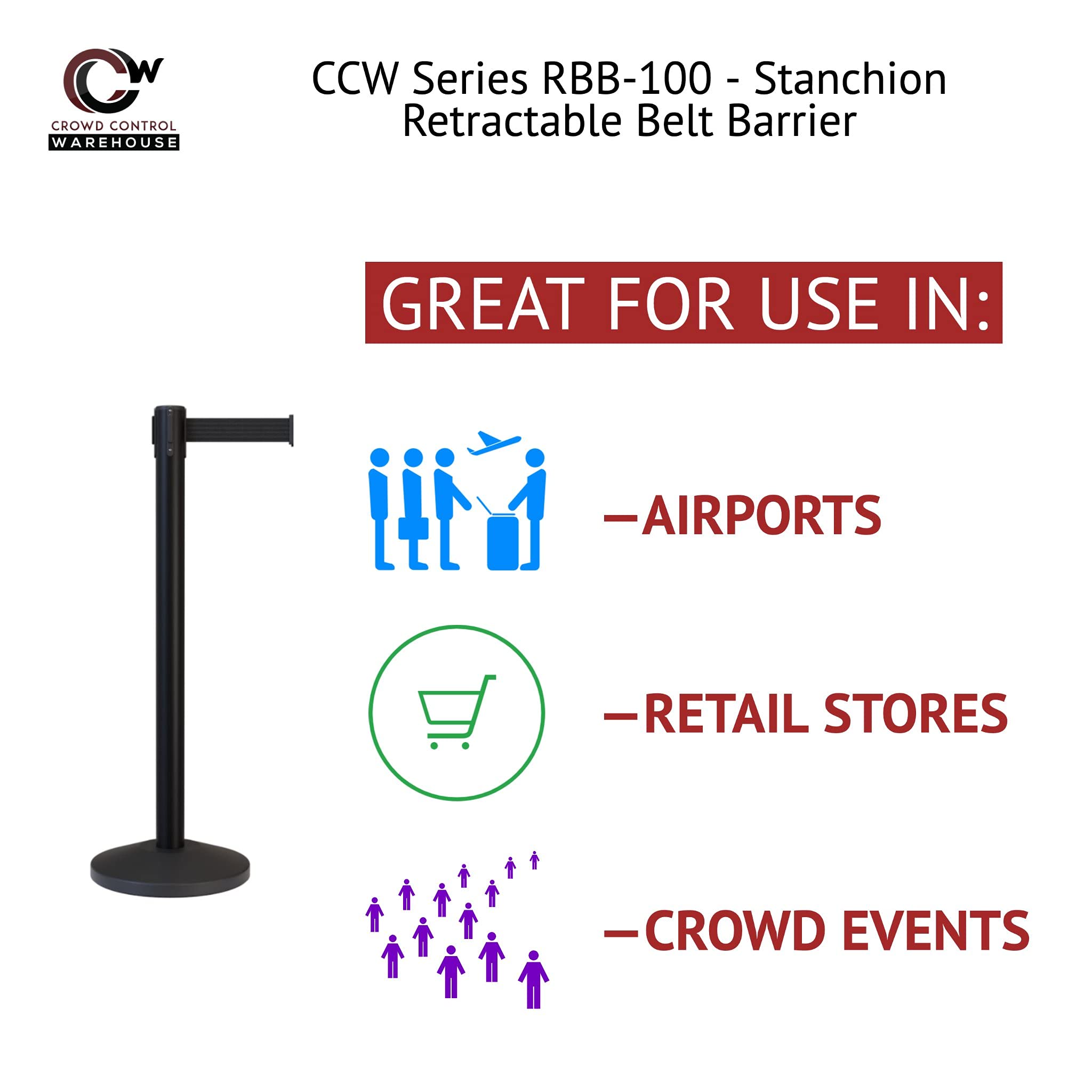 CCW Series RBB-100 - Set of 2 Retractable Belt Barriers with 7.5ft Black Belt & Satin Brass Posts | Queue Management for Events, Retail & Crowd Control