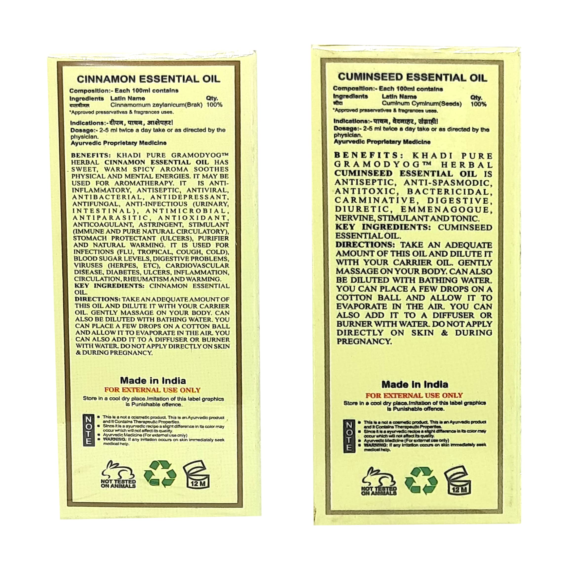 Khadi Pure Cinnamon & Cuminseed Essential Oil - 15ml (Pack of 2) | 100% Natural Aromatherapy Oil for Relaxation, Massage & DIY Skincare | Perfect for Diffusers, Bath & Home Fragrance