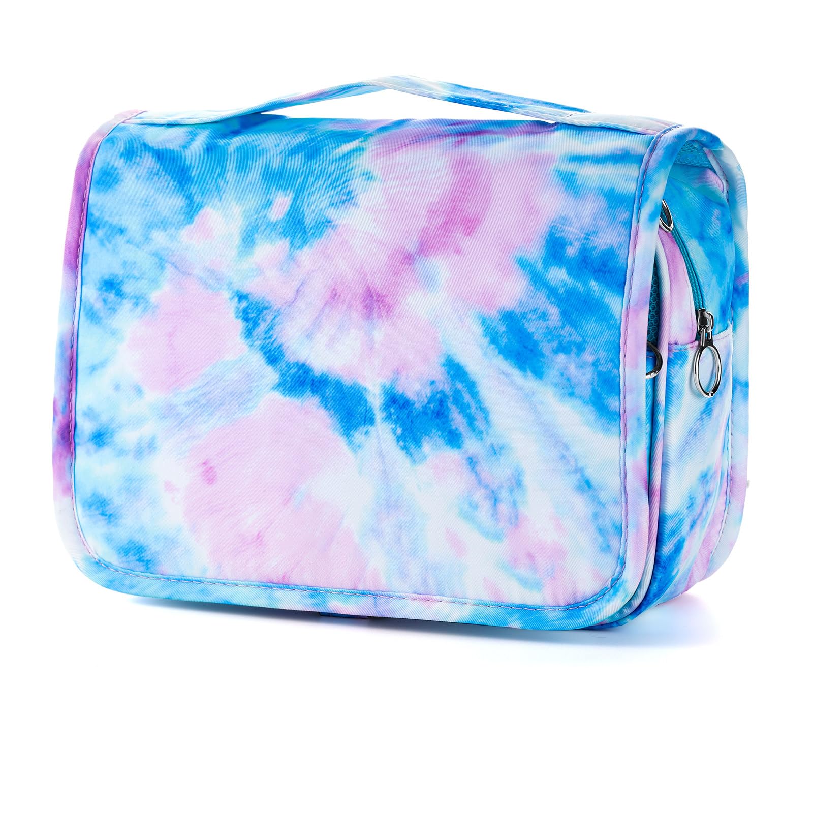 Waterproof Tie Dye Blue Kids Hanging Toiletry Bag for Girls - Travel Cosmetic & Makeup Organizer Wash Bag for Toddlers & Little Girls - Perfect for School Trips, Sleepovers & Family Vacations