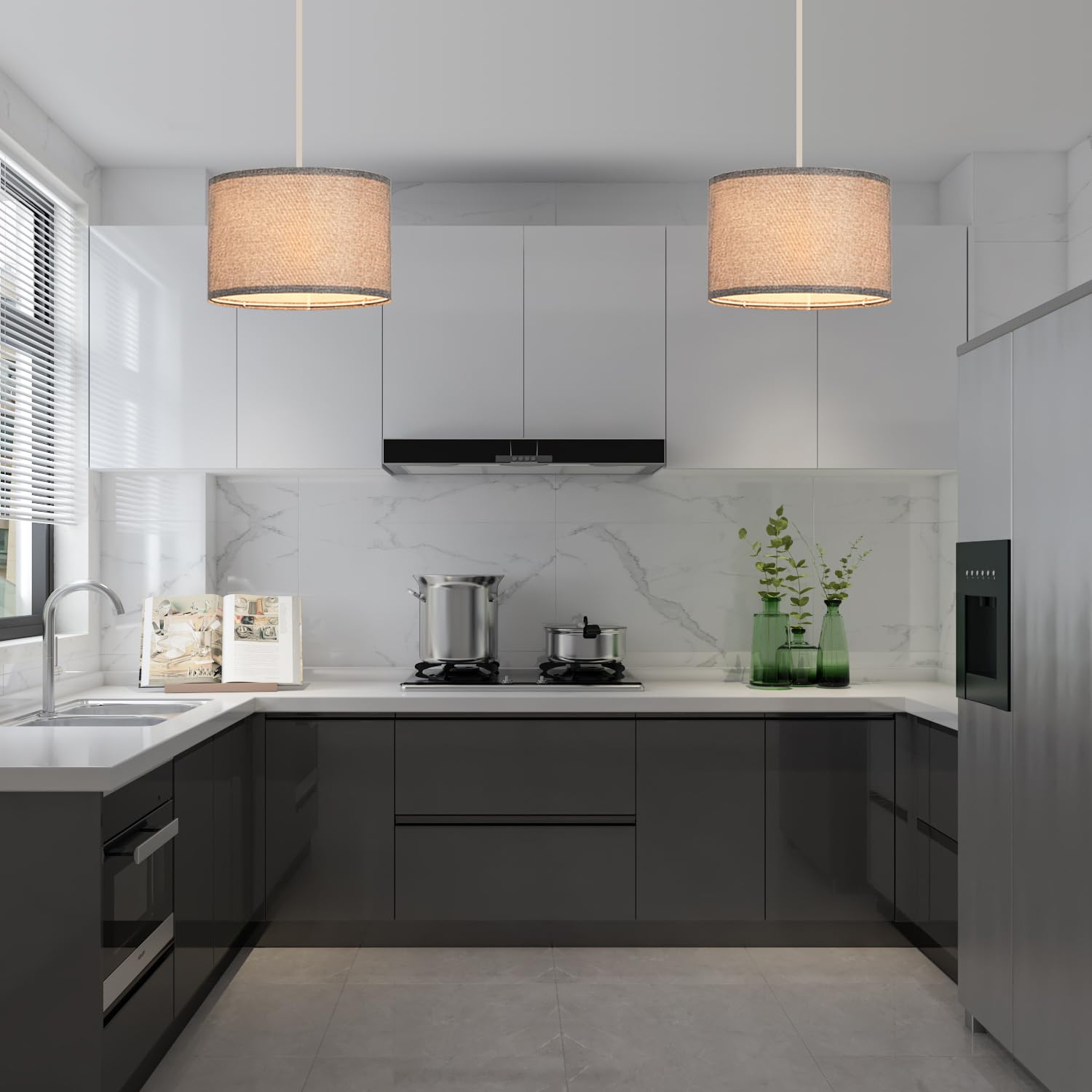 2 Pack Plug in Pendant Light with 15Ft Clear Cord & On/Off Switch - Grey Fabric Lamp Shade for Bedroom, Kitchen, Living Room & Dining Table - Modern Hanging Light Fixture for Home Decor & Cozy Ambiance