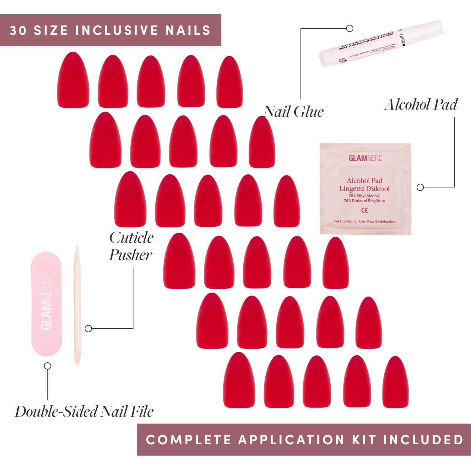 Glamnetic Press On Nails - Fiery Red Short Almond Fake Nails | Opaque Bright Red Reusable False Nails Kit with 15 Sizes (30 Nails) | Perfect for Parties, Weddings, and Special Occasions