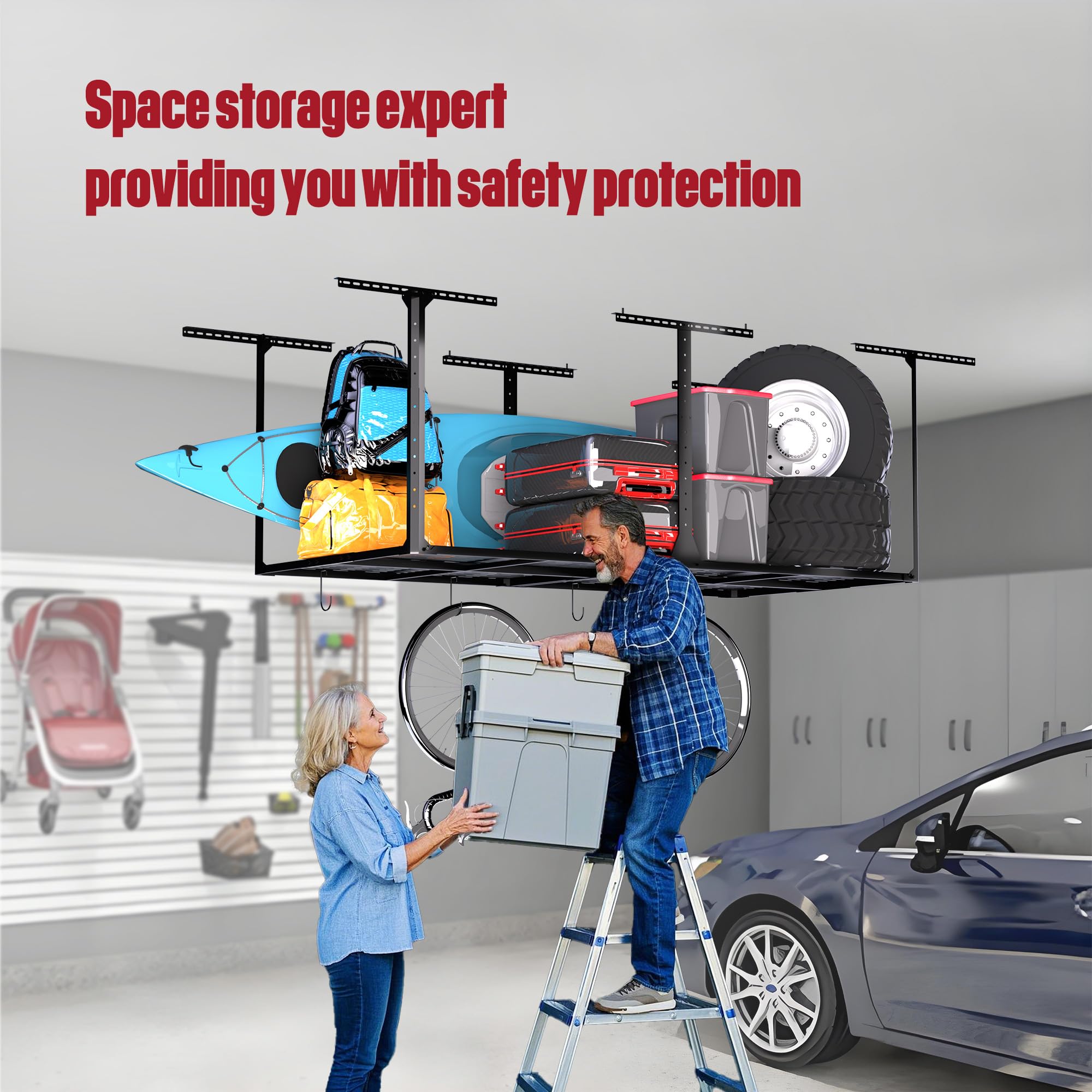 4x8 Overhead Garage Storage Rack with 6 Hooks - Heavy Duty 600lbs Capacity Adjustable Ceiling Shelves for Garage Organization - Easy Installation - Perfect for Storing Seasonal Items, Sports Equipment & Tools