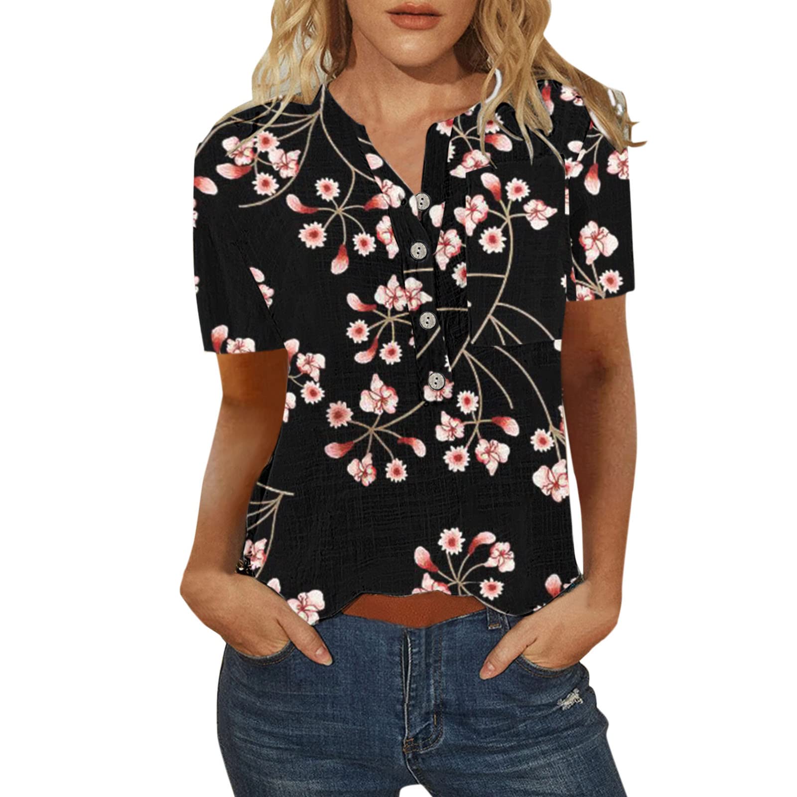 Boho Floral Print Women's 3/4 Sleeve T-Shirt with Button Neckline - Casual Summer Blouse for Beach, Vacation & Everyday Wear