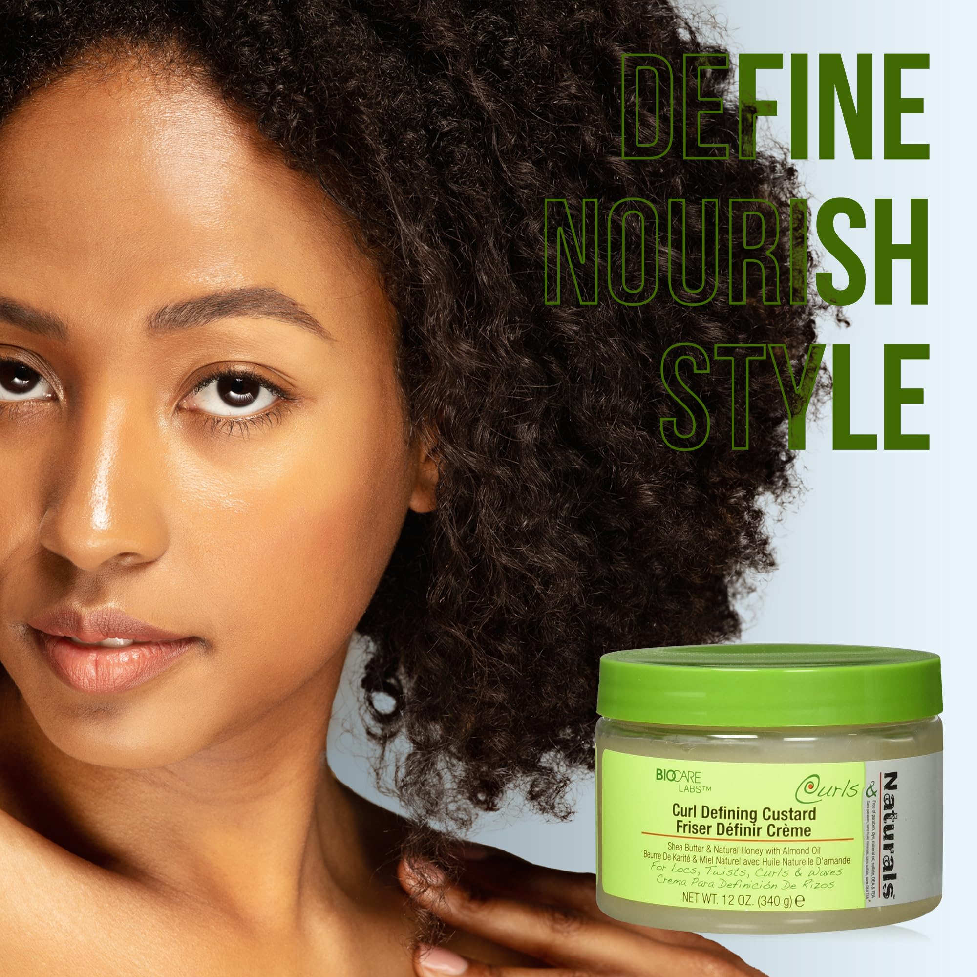 BioCare Labs Curl Defining Custard - Natural Hair Styling Gel with Shea Butter, Honey & Almond Oil for Smooth, Moisturized Curls - Curl Enhancer Cream for Defined Styles - Perfect for Wash & Go, Twist Outs, and Bouncy Curls
