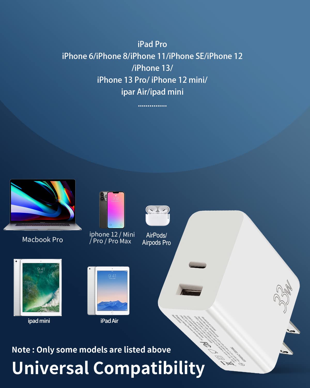 33W Fast Wall Charger with Dual USB-C Ports, PD 3.0 Quick Charge for iPhone 12/13/14 Series, iPad Pro, Samsung Galaxy - Compact Travel Charger for Home, Office & Car Use