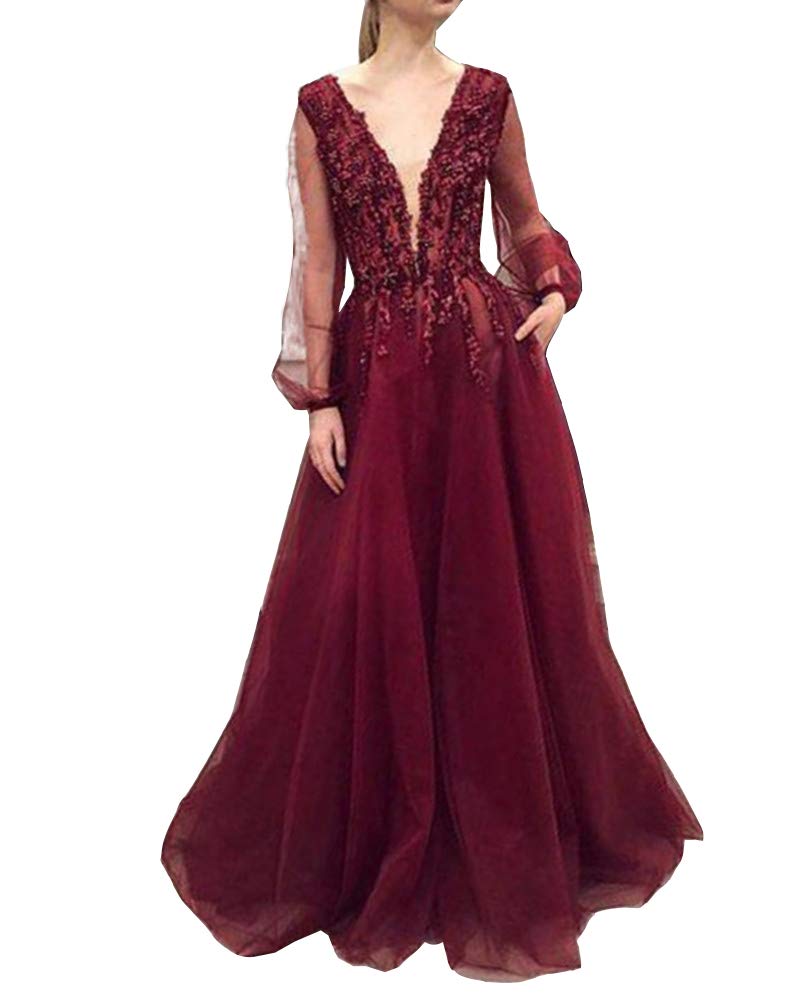 Elegant Women's Long Sleeve V-Neck Backless Evening Dress with Appliques - Perfect for Formal Parties, Galas, and Special Occasions
