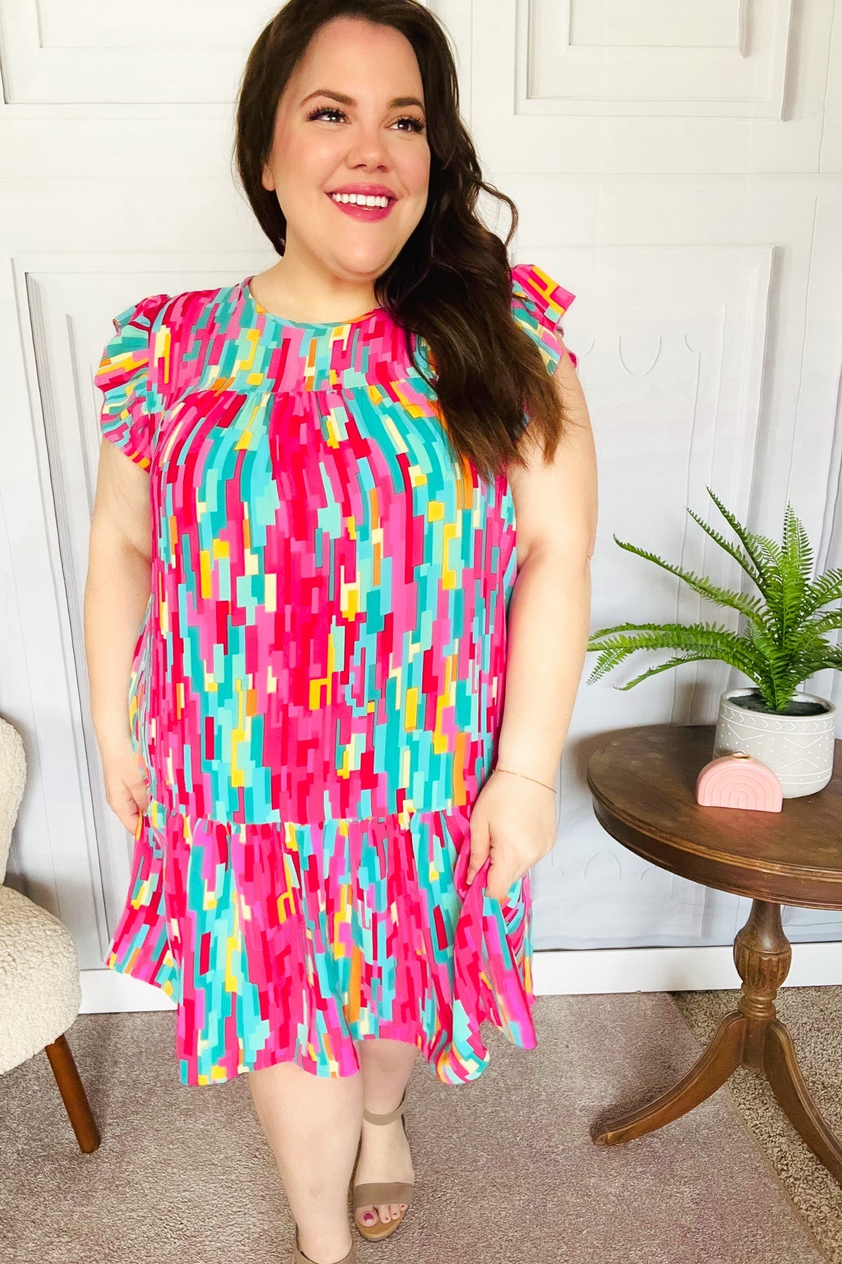 Stylish Multicolor Abstract Print Tiered Ruffle Sleeve Dress for Women | Trendy Party & Cocktail Outfit | Perfect for Date Night, Wedding Guest & Special Occasions