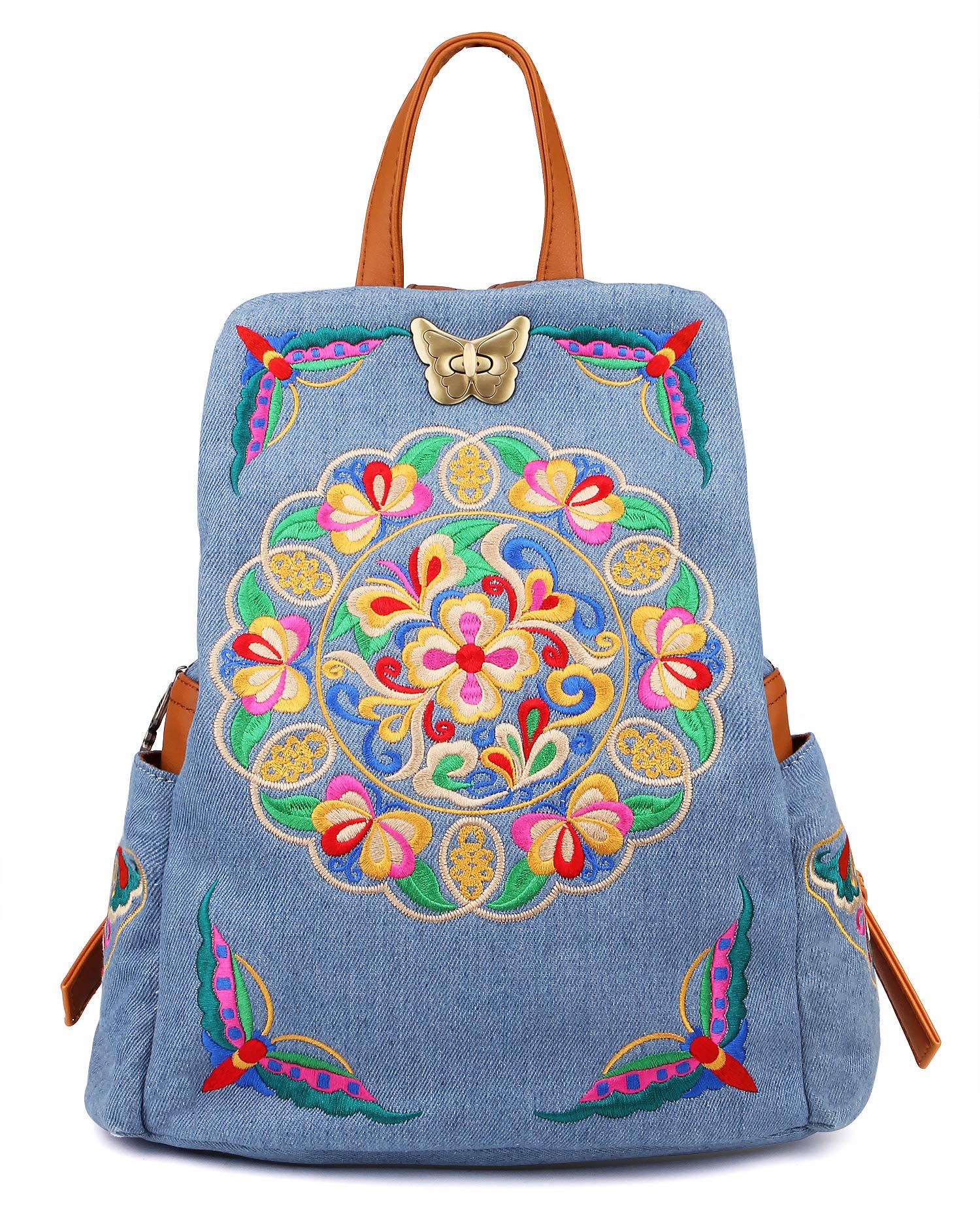 Jursccu Women's Denim Embroidered Floral Canvas Backpack - Anti-Theft Retro Jeans Travel Bag with Ethnic Style - Perfect for School, Work, Travel & Daily Use