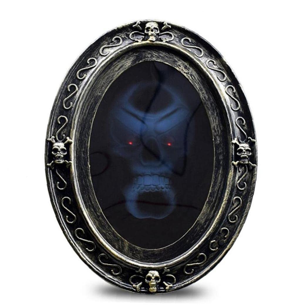 1pc Halloween Scary Picture Frame - Black Oval Speaking Mirror with Motion Sensor for Haunted House Decor | Spooky Home & Party Decoration