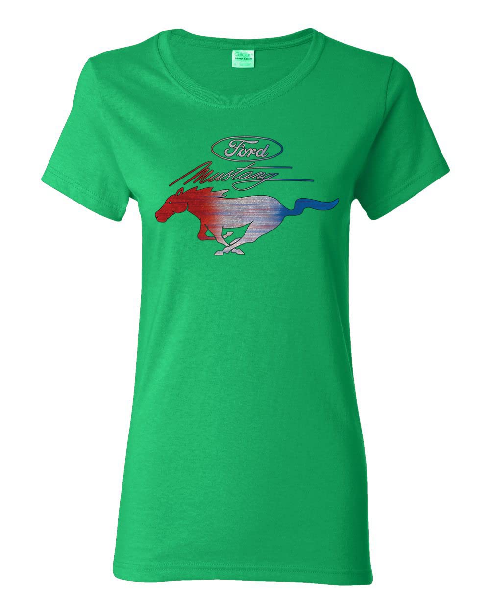 Ford Mustang Graphic T-Shirt for Women - USA Flag & Mustang Emblem Design - Casual Car Enthusiast Tee - Perfect for Car Shows, Road Trips & Everyday Wear