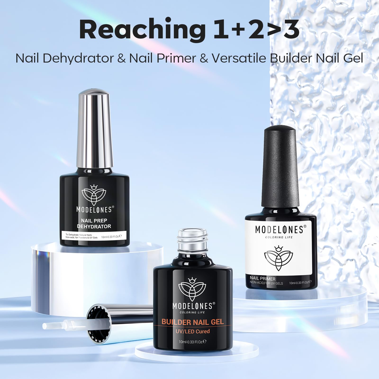 Modelones Clear Builder Gel with Nail Primer & Dehydrator Set - Professional Nail Strengthening Hard Gel for Extensions - Long-Lasting Bottled Gel Polish for Salon & DIY Manicures at Home