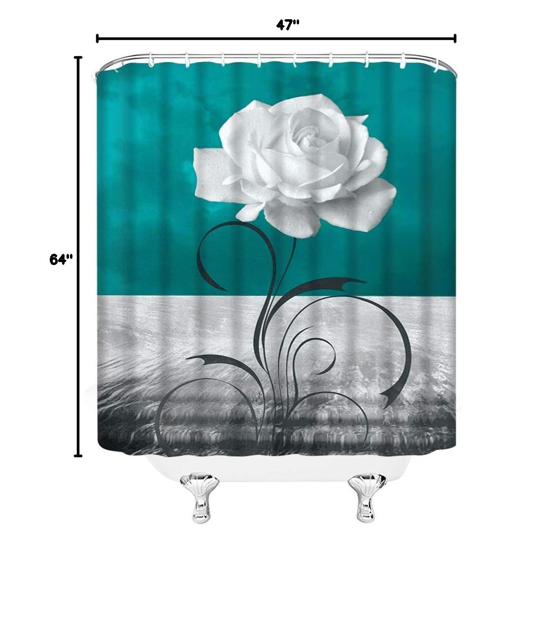 Blue Rose Shower Curtain with White Flowers & Black Abstract Leaves - Modern Gray Dark Teal Bathroom Decor | Quick Dry Fabric with Hooks | Perfect for Contemporary Bathrooms & Spa-Style Showers (White/Grey)