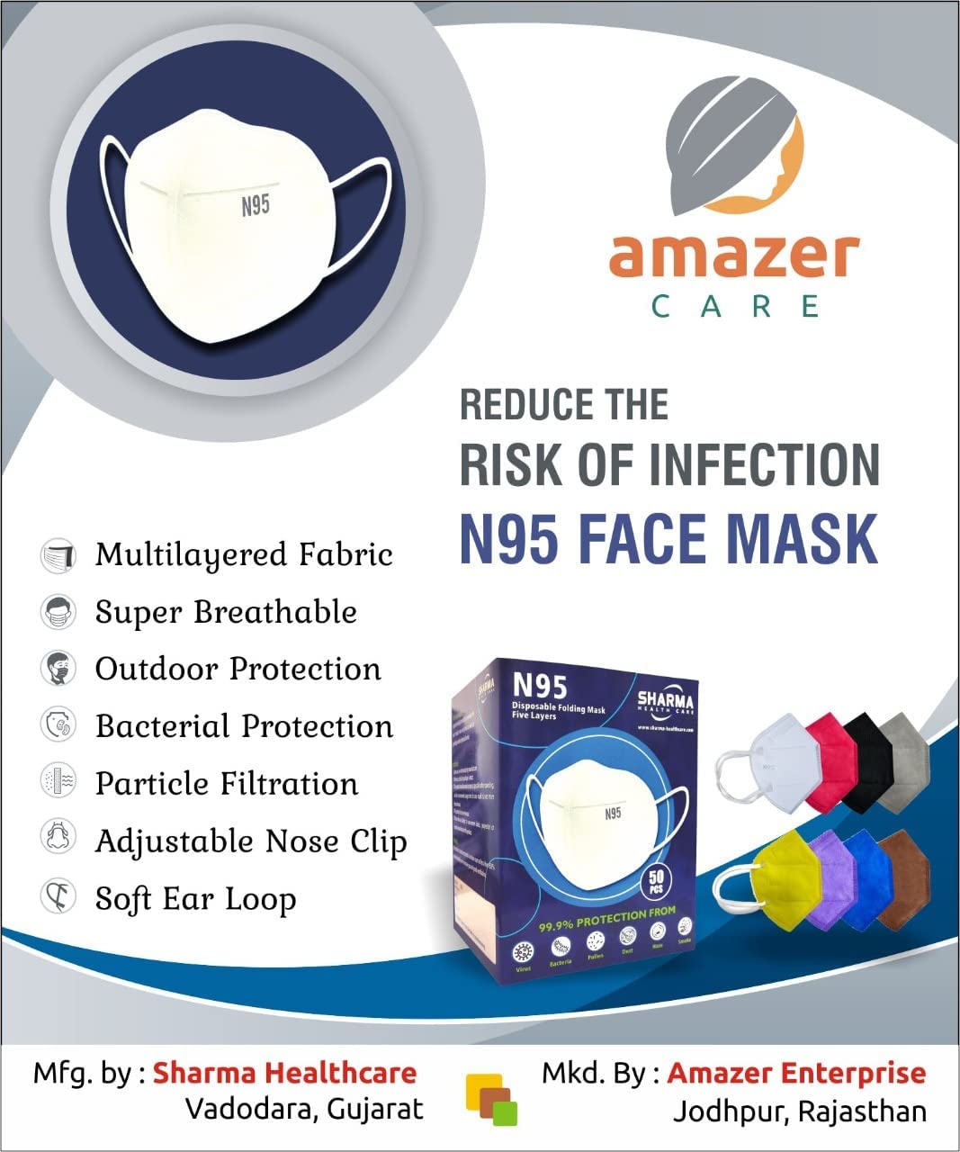 AmazerCare N95 Disposable Face Masks - 5-Layer Protection, CE Certified & ISO 13485 Approved - Multicolor Pack for Daily Use, Work, Travel and Public Safety