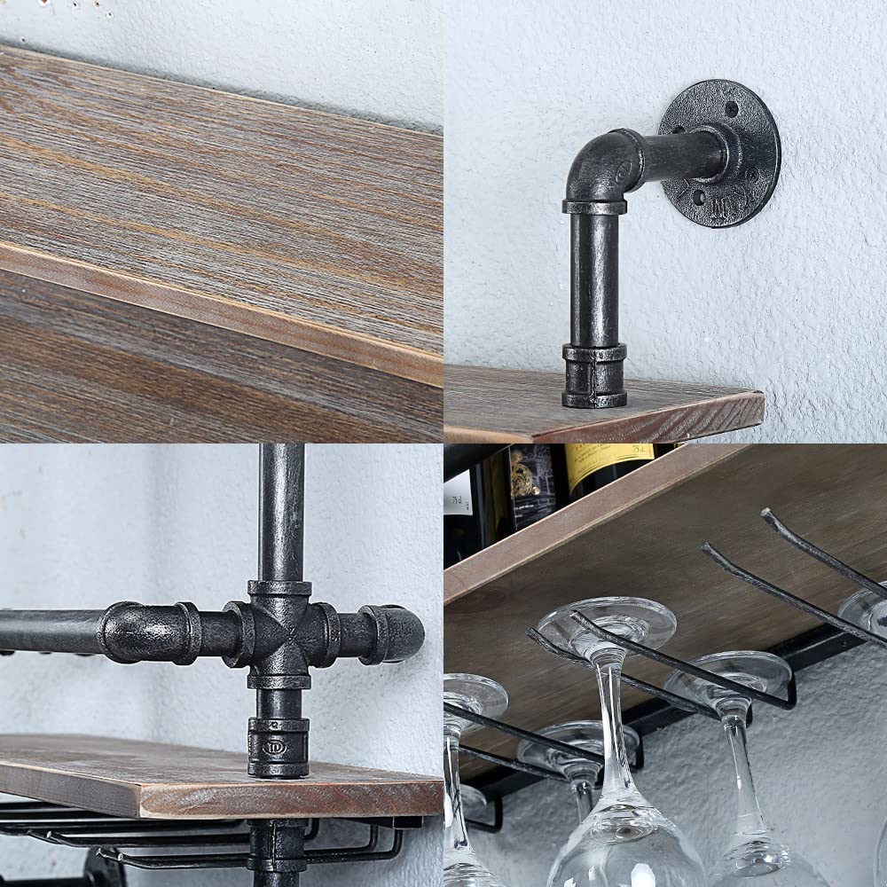 Industrial Pipe Shelf Wine Rack - 24in Wall Mounted Rustic Floating Bar Shelves with 5 Stem Glass Holder, Real Wood Kitchen Wall Shelf Unit, 3-Tier Steam Punk Pipe Shelving for Wine & Glass Storage - Perfect for Kitchen, Dining Room, Bar, and Home Decor