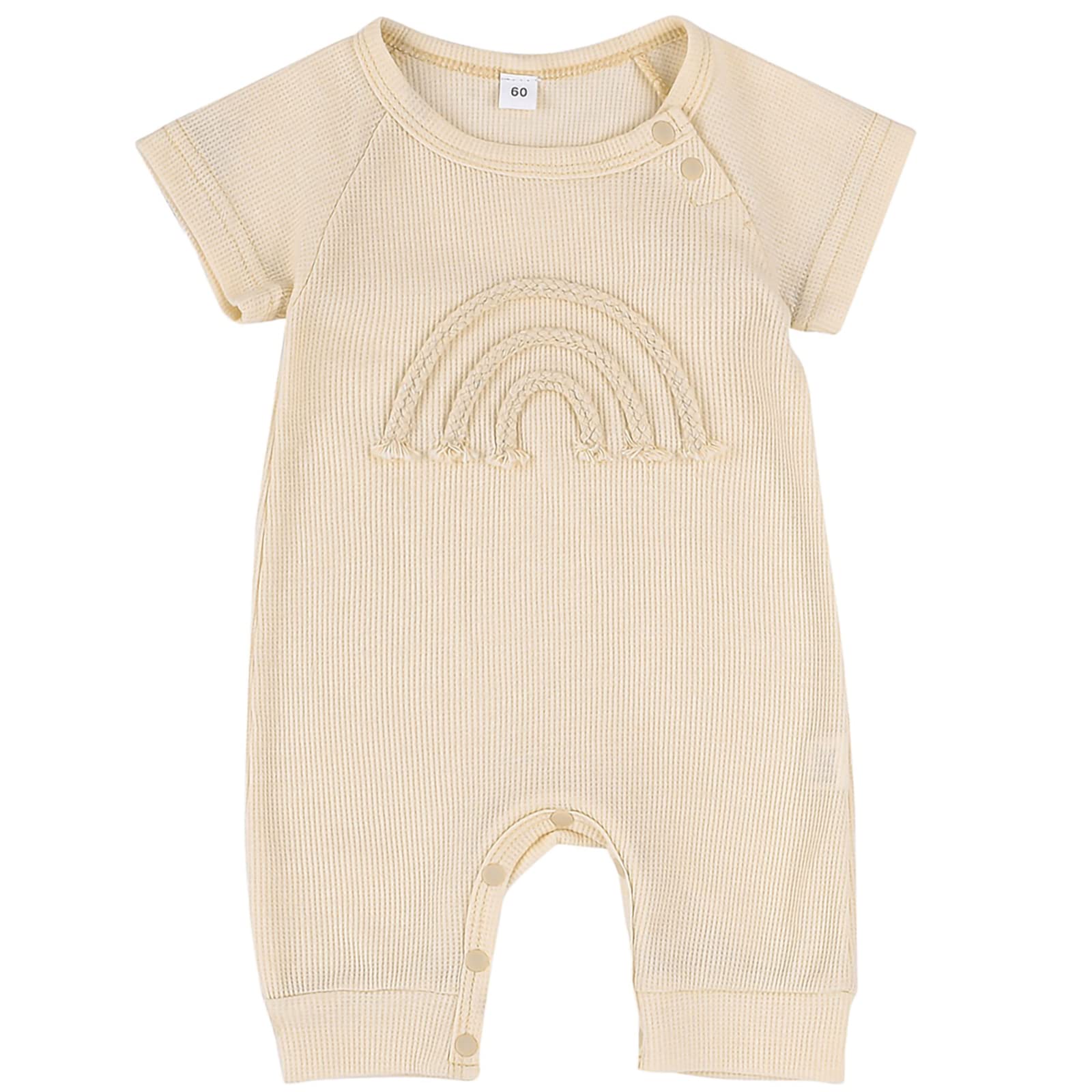 Cudilica Newborn Baby Boy Girl Knitted Romper - Short Sleeve Rainbow Print Button One-Piece Jumpsuit Waffle Ribbed Overalls | Perfect for Photoshoots, Playtime & Everyday Wear