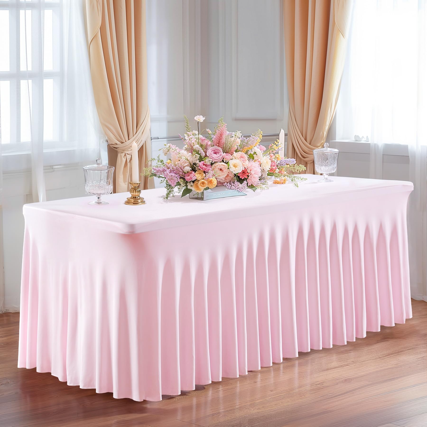 Pink Spandex Table Skirt for 4ft Rectangle Folding Tables - Stretchable Table Cover with Elastic Hem for Banquets, Weddings & Party Decorations