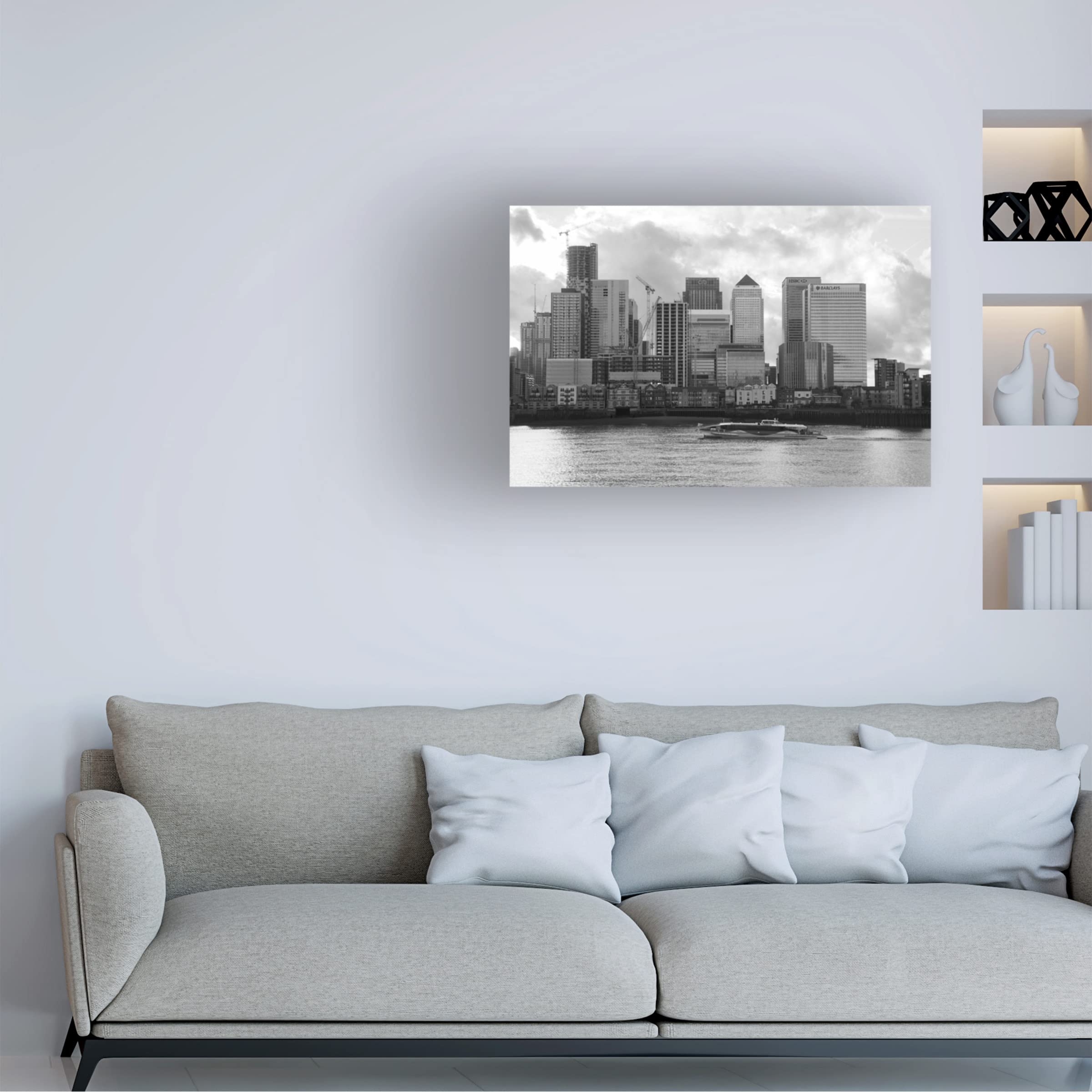 Claire Doherty 'Canary Wharf River View' Canvas Wall Art Print - Modern Office & Living Room Decor - Waterfront Cityscape Painting for Home & Business Interiors
