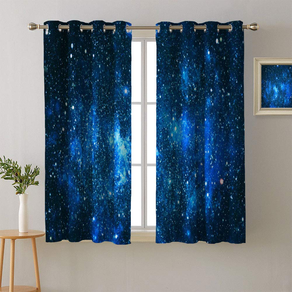 Blackout Thermal Insulated Grommet Curtains - Dark Blue Night Sky with Stars & Milky Way Pattern (55x39 inches) for Bedroom - Light Blocking, Energy Saving & Sound Dampening Window Treatments for Better Sleep & Home Decor