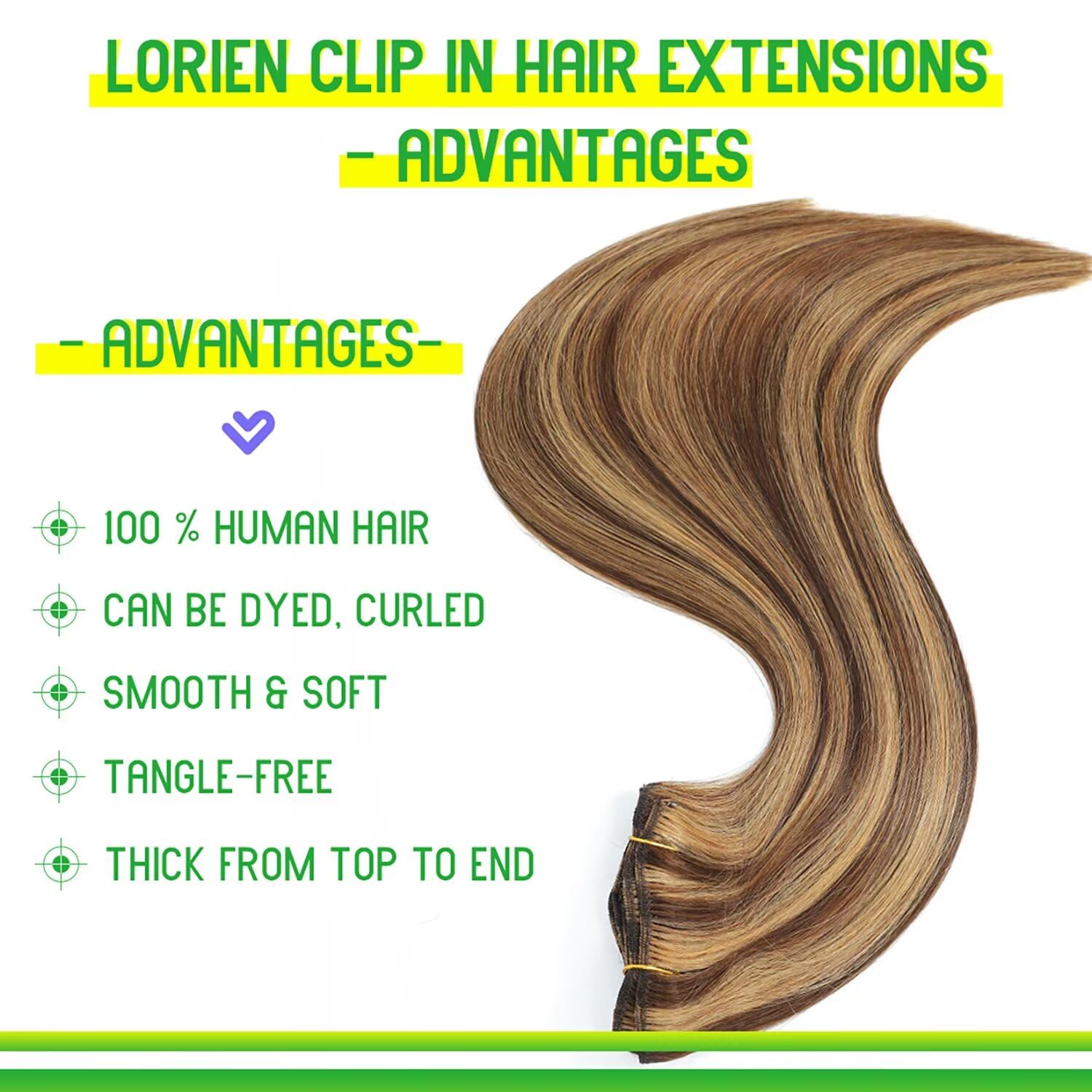 LORIEN 14 Inch Clip in Human Hair Extensions 8pcs Set - 100% Brazilian Remy Hair, 80g, 4/27 Chocolate Brown to Caramel Blonde, Double Weft with 18 Clips for Natural Volume & Length - Perfect for Parties, Weddings & Daily Styling