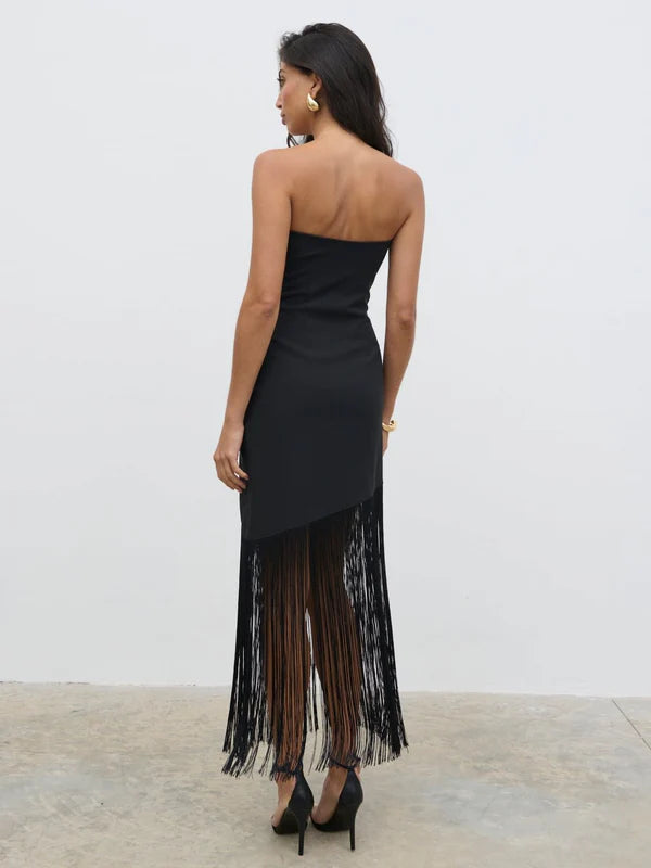 Eliana Bandeau Asymmetric Fringed Dress - Black | Women's Boho Chic Party Outfit for Summer Beach & Night Events