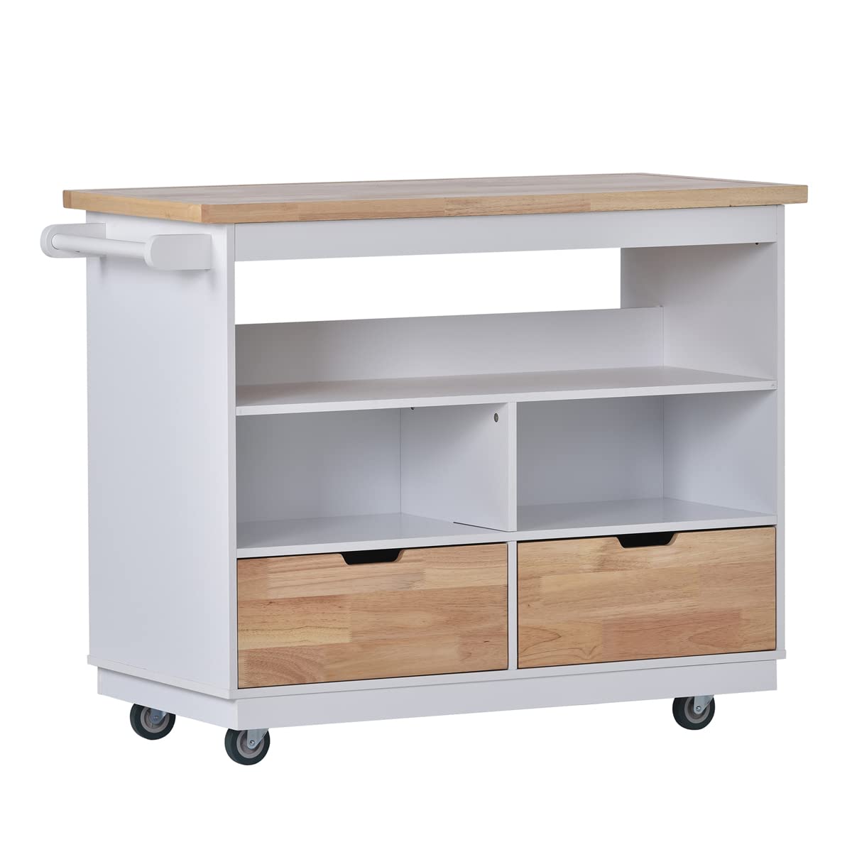 Teeker Solid Wood Rolling Kitchen Cart with 2 Drawers & Tableware Cabinet - Mobile Kitchen Island with Wood Top for Small Spaces (White) | Perfect for Apartment Cooking, Dining Room Storage & Kitchen Organization