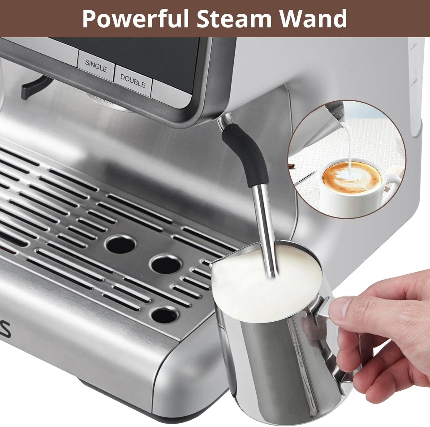 20 Bar Semi-Automatic Espresso Machine with Built-in Grinder & Milk Frother - 95oz Removable Water Tank, Professional Coffee Maker for Home & Office (Silver/Gun Plating) - Perfect for Espresso, Cappuccino & Latte Lovers
