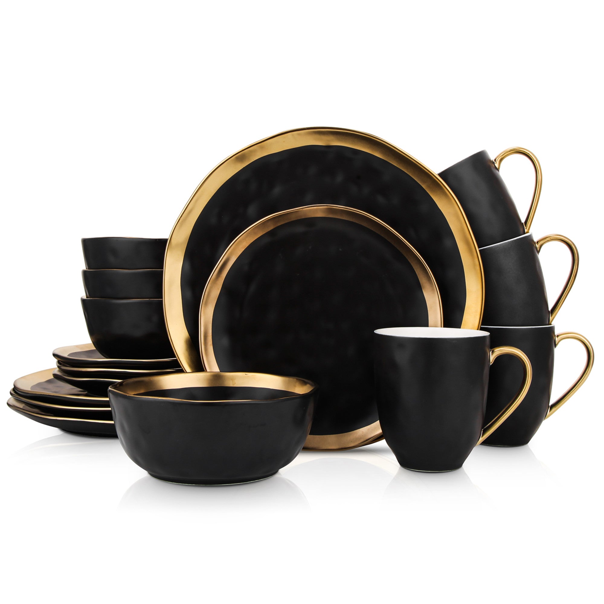 Florian Porcelain Dinnerware Set - 16-Piece Elegant Black Dinner Plates, Bowls & Mugs - Durable Chip-Resistant Dishware for Everyday Use & Formal Dining
