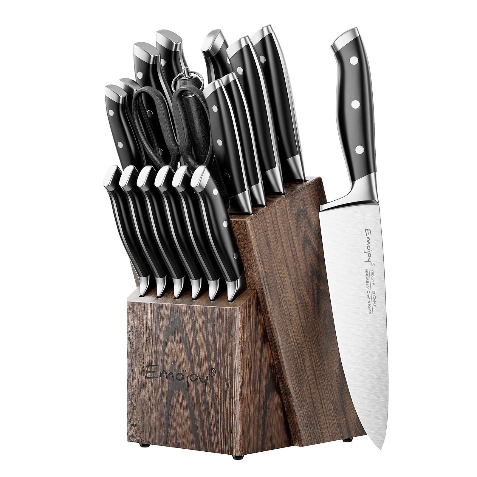 18-Piece Emojoy Professional Kitchen Knife Set with Wooden Block - German Stainless Steel Chef Knives with Manual Sharpener - Perfect for Home Cooking, Restaurant Use & Gift Giving