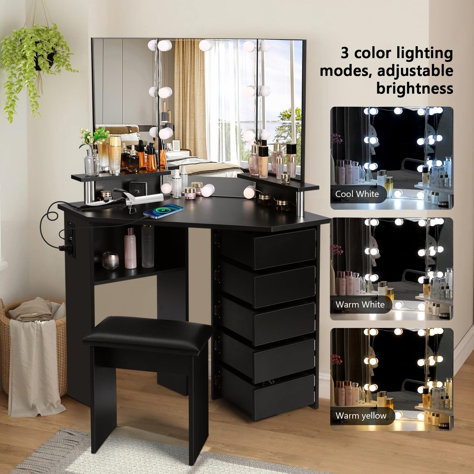 VOWNER Lighted Makeup Vanity Desk with Power Outlet - Adjustable 3-Color LED Mirror & 5 Rotating Drawers, Vanity Table with Stool & Shelves for Bedroom (Black) - Perfect for Beauty Routines & Small Space Organization