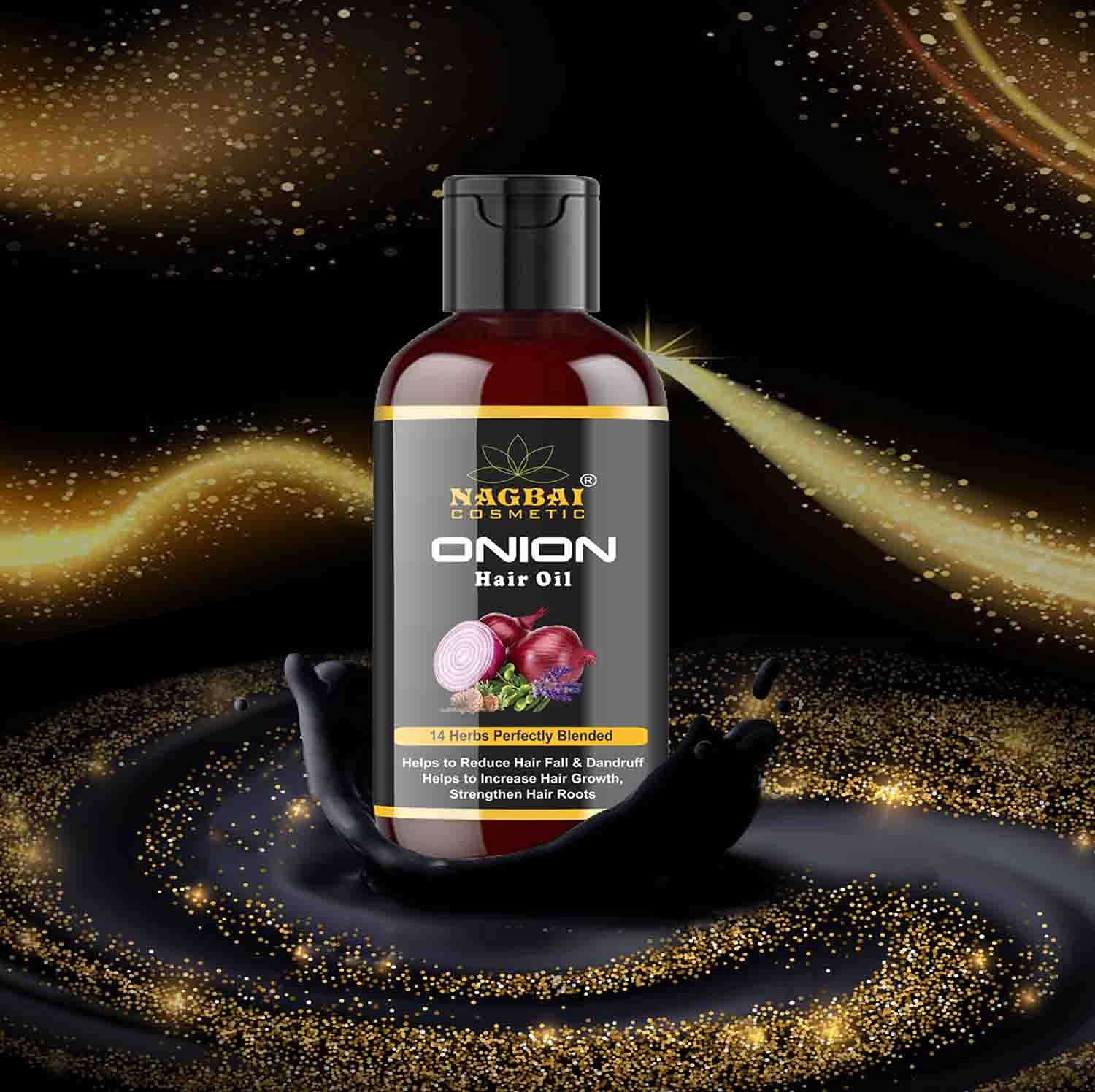 Nagbai Onion Hair Oil for Hair Growth & Fall Control - 100% Natural with 14 Essential Oils, No Mineral Oil, Silicones or Parabens (200ml) - Promotes Thicker, Stronger Hair for Men & Women - Perfect for Daily Scalp Massage & Damaged Hair Repair