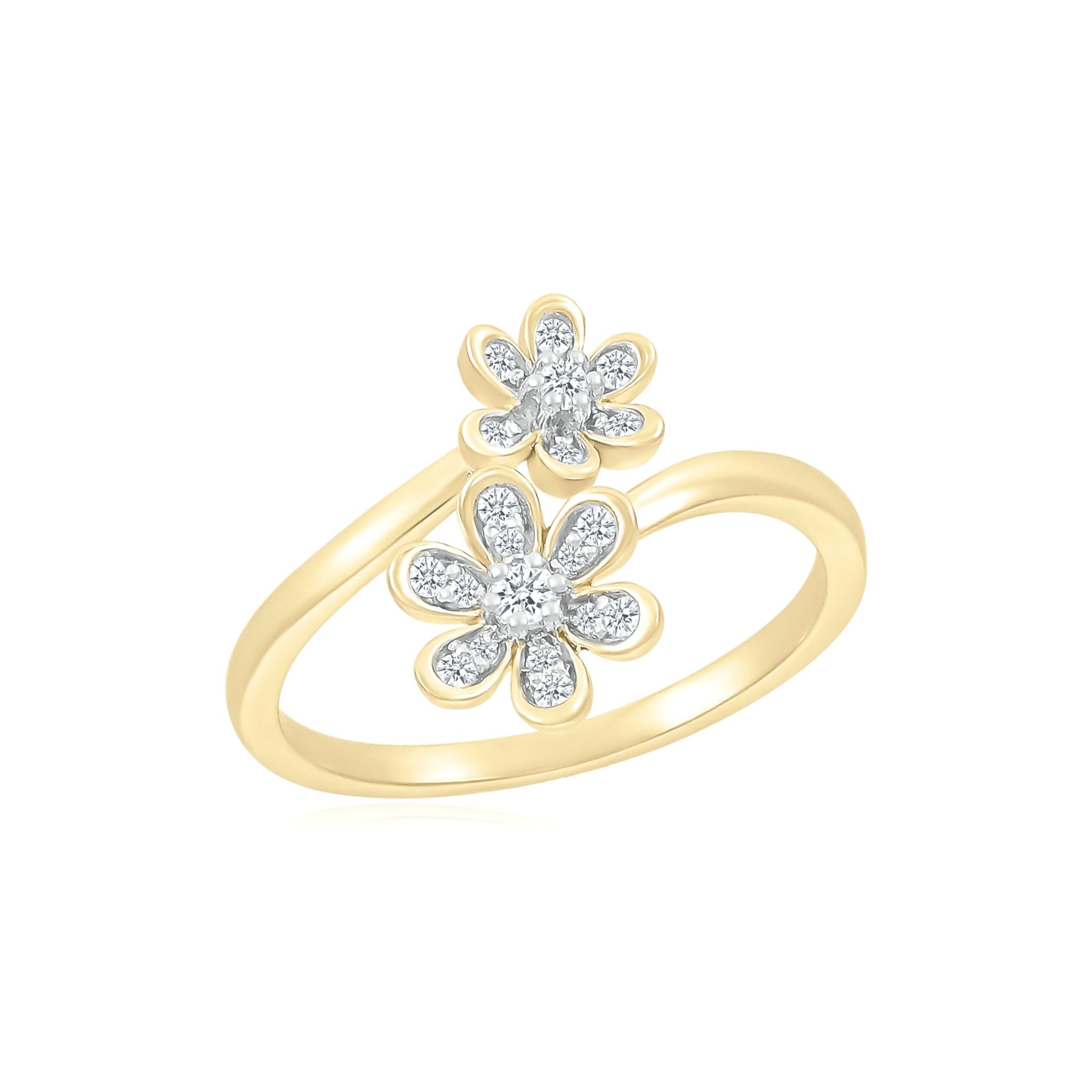 10k Yellow Gold Bezel Set Diamond Double Flower Toi et Moi Ring - Elegant Promise, Engagement & Wedding Jewelry for Women